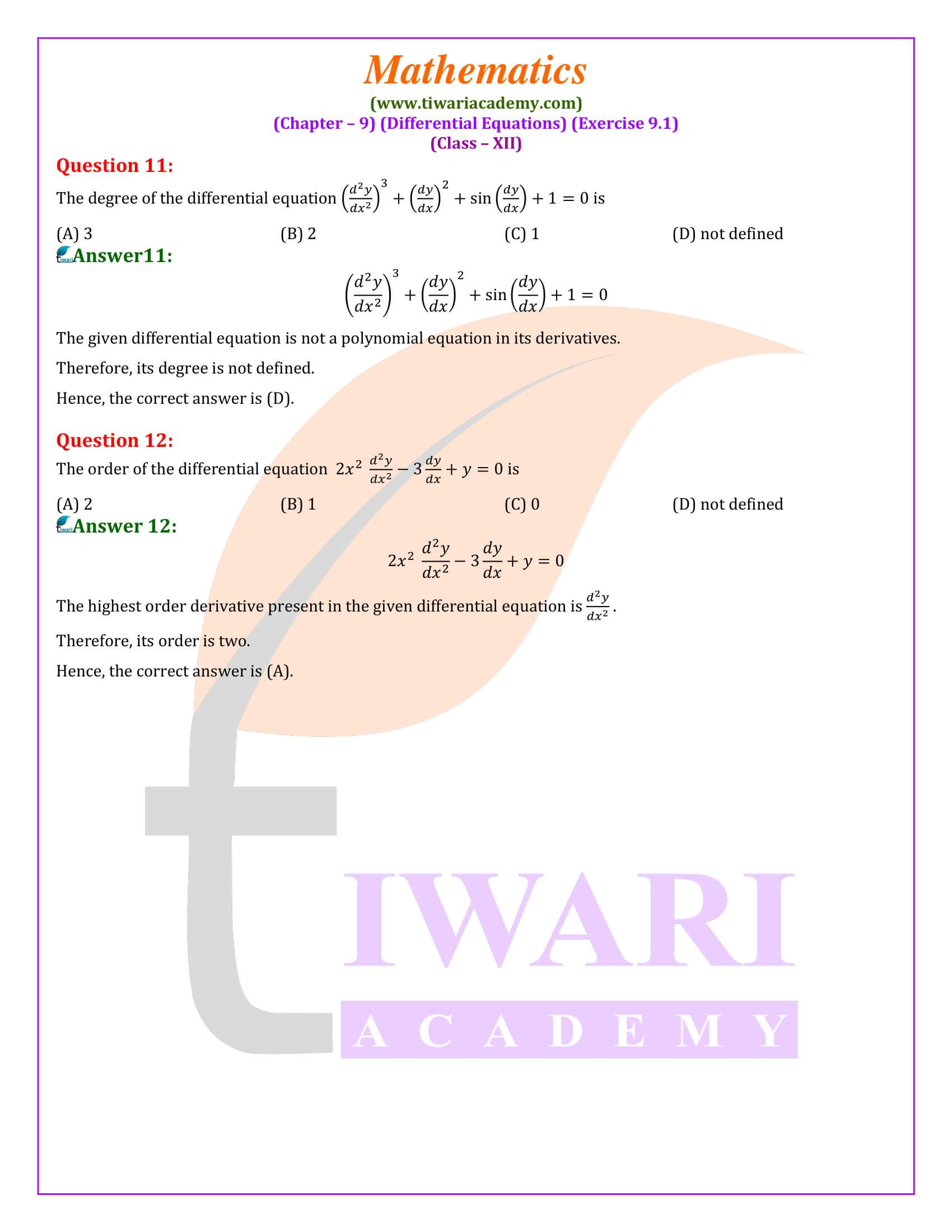 Ex. 9.1 Class 12 Maths