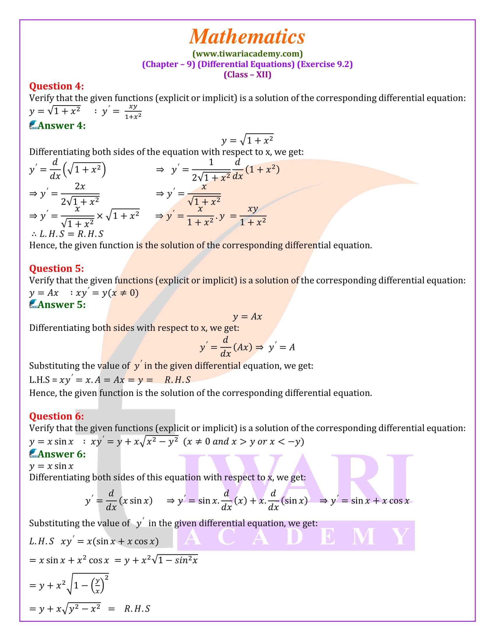 NCERT Solution for Class 12 Maths Exercise 9.2