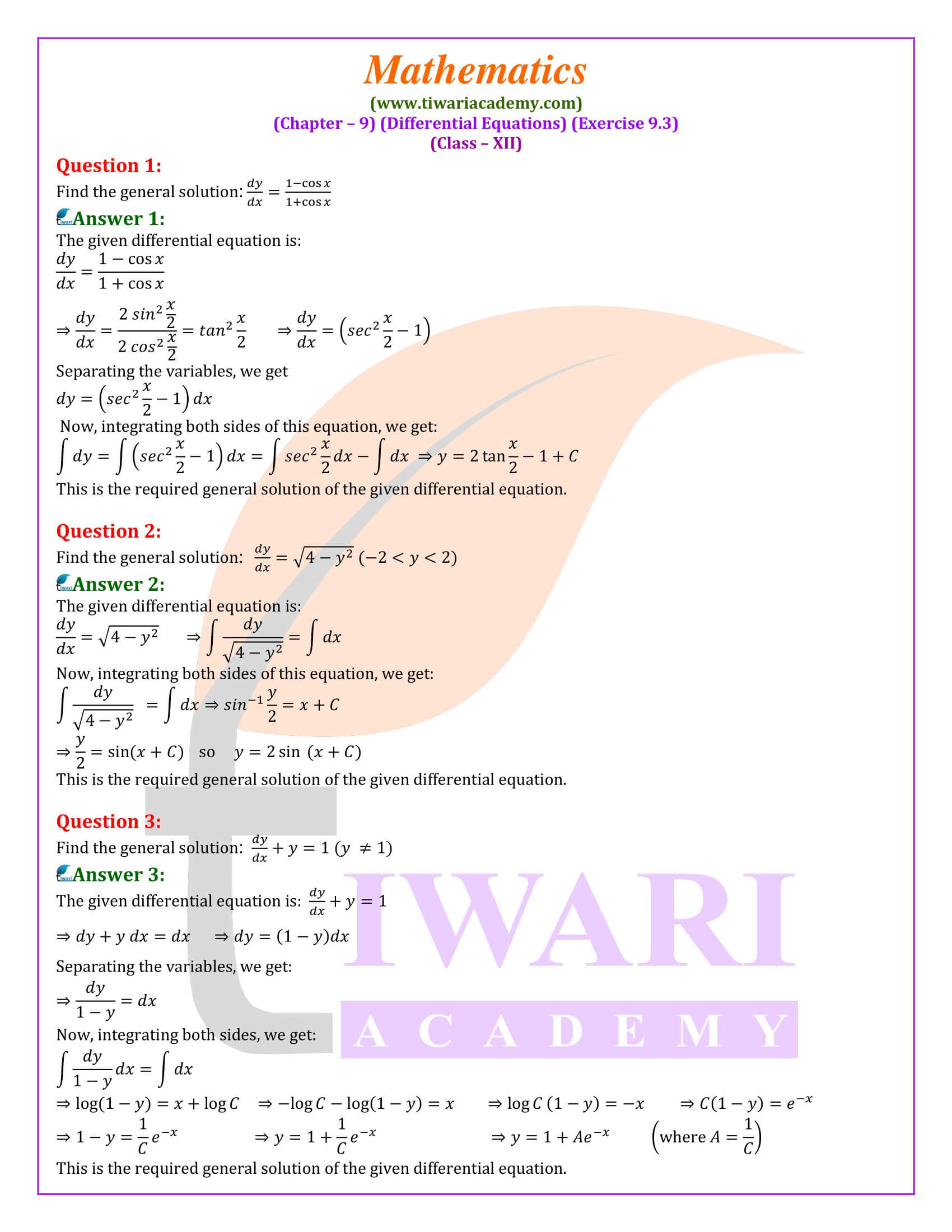 Class 12 Maths Exercise 9.3