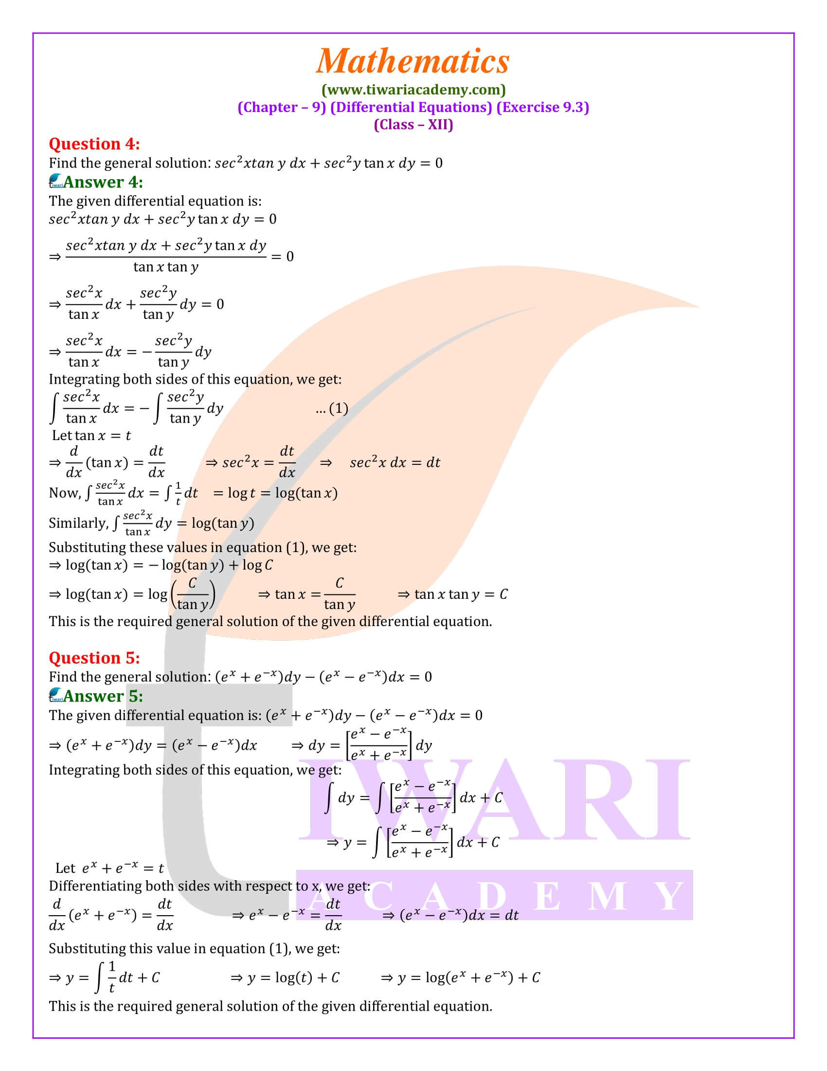 Class 12 Maths Exercise 9.3 in English Medium