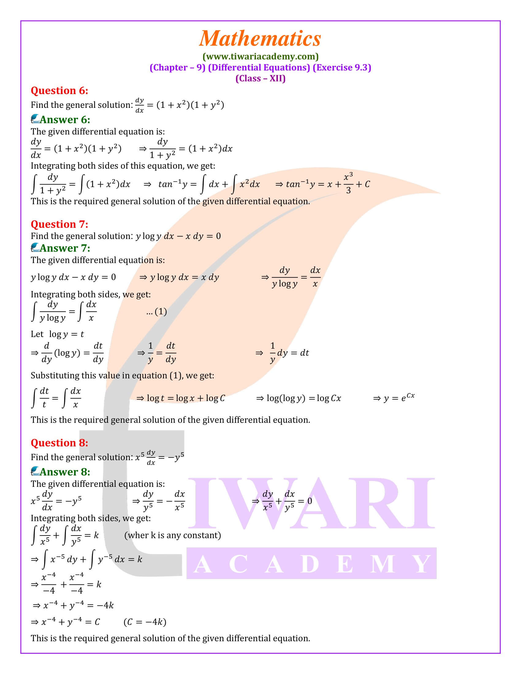 NCERT Solutions for Class 12 Maths Exercise 9.3