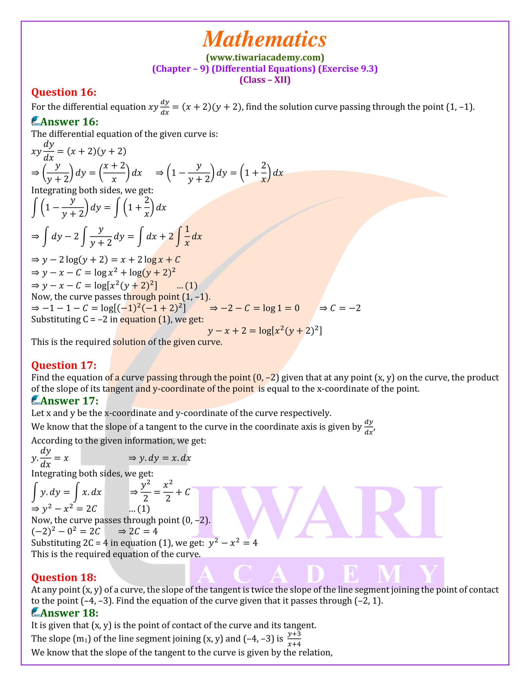 ex. 9.3 solutions class 12