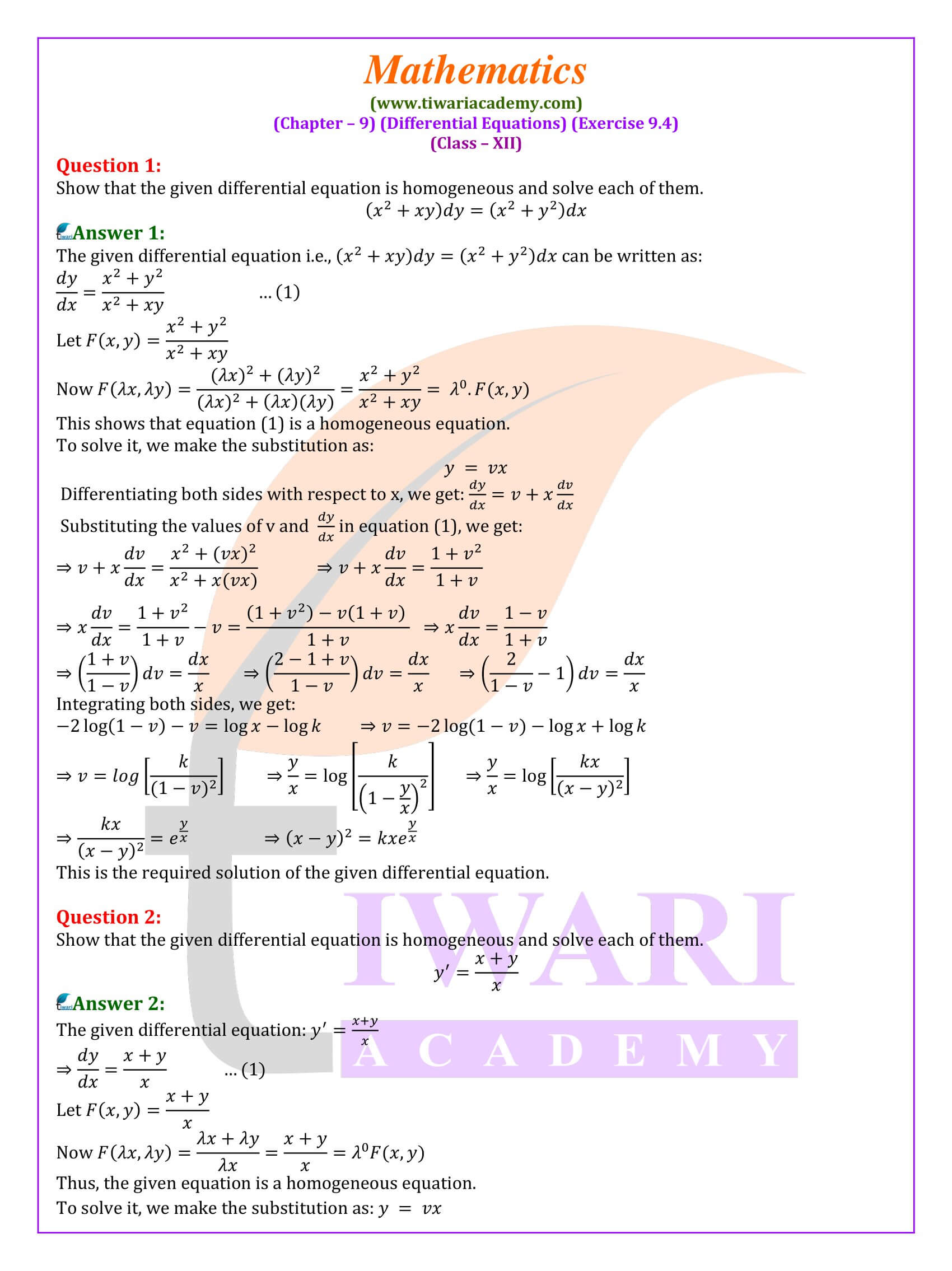 Class 12 Maths Exercise 9.4