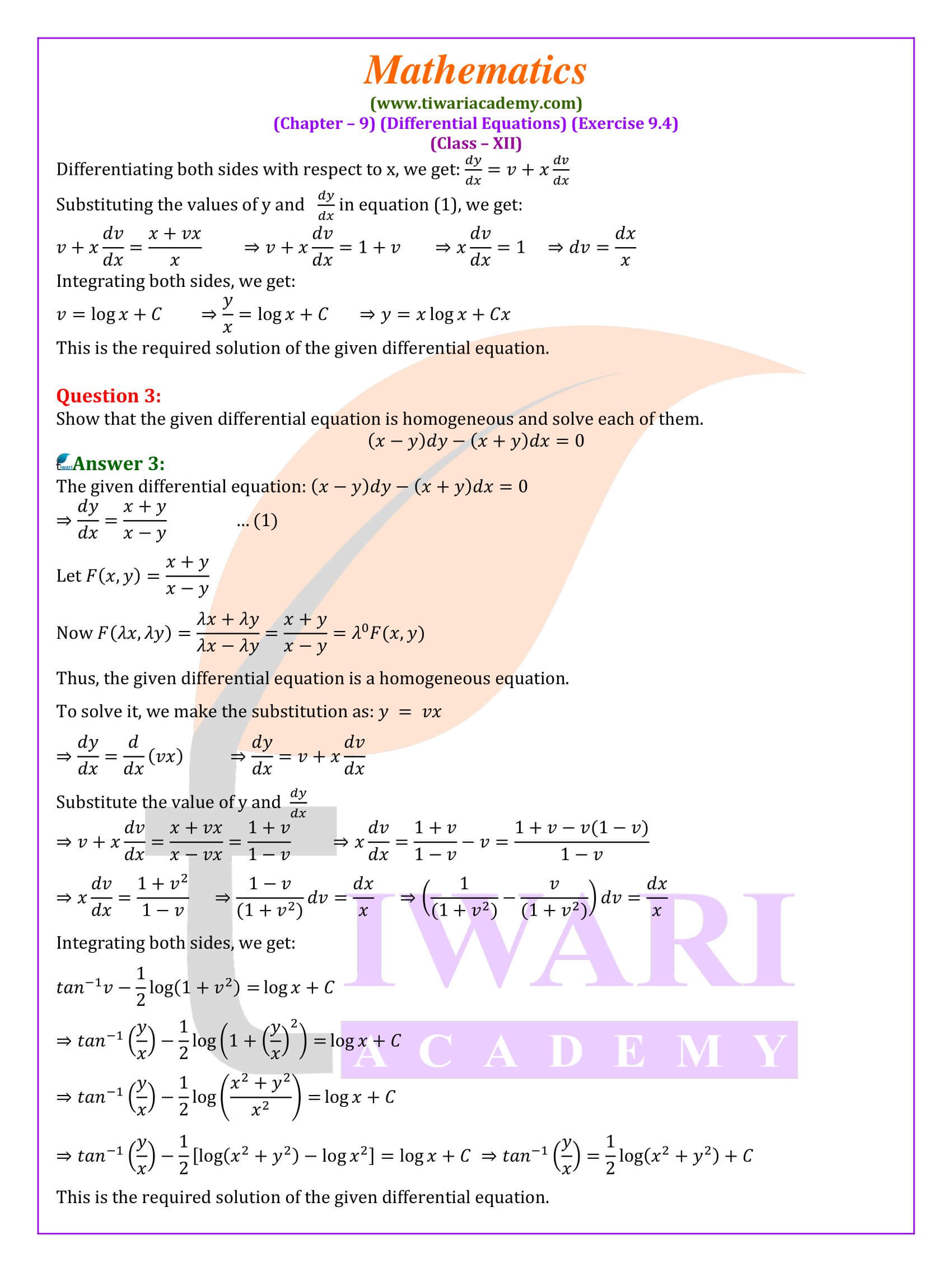 NCERT Solutions for Class 12 Maths Exercise 9.4