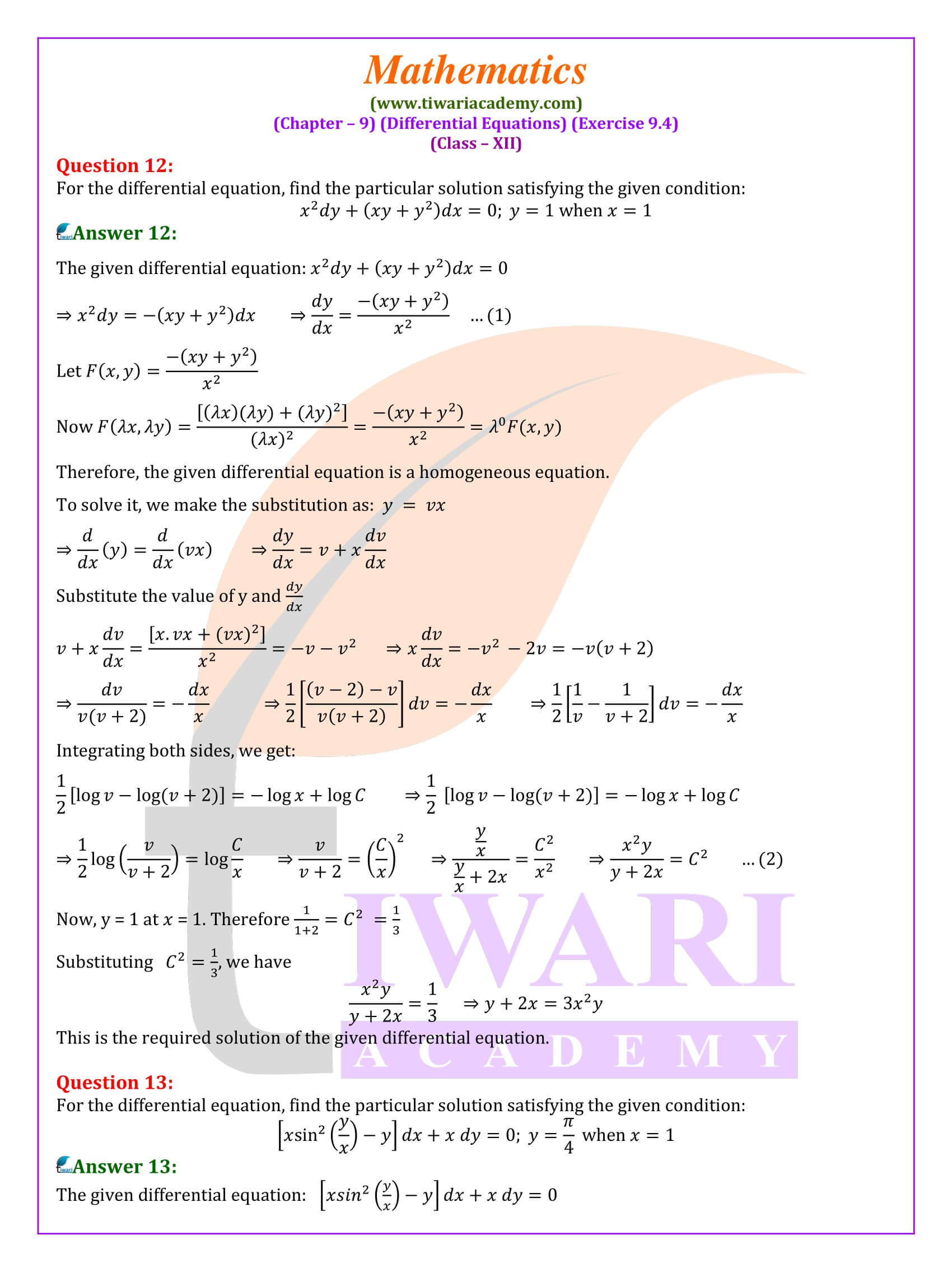 Class 12 Maths Exercise 9.4 solutions in English Medium