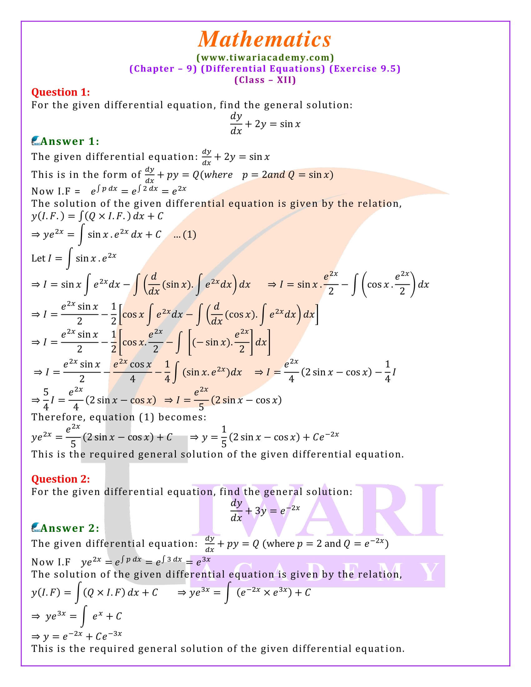 Class 12 Maths Exercise 9.5