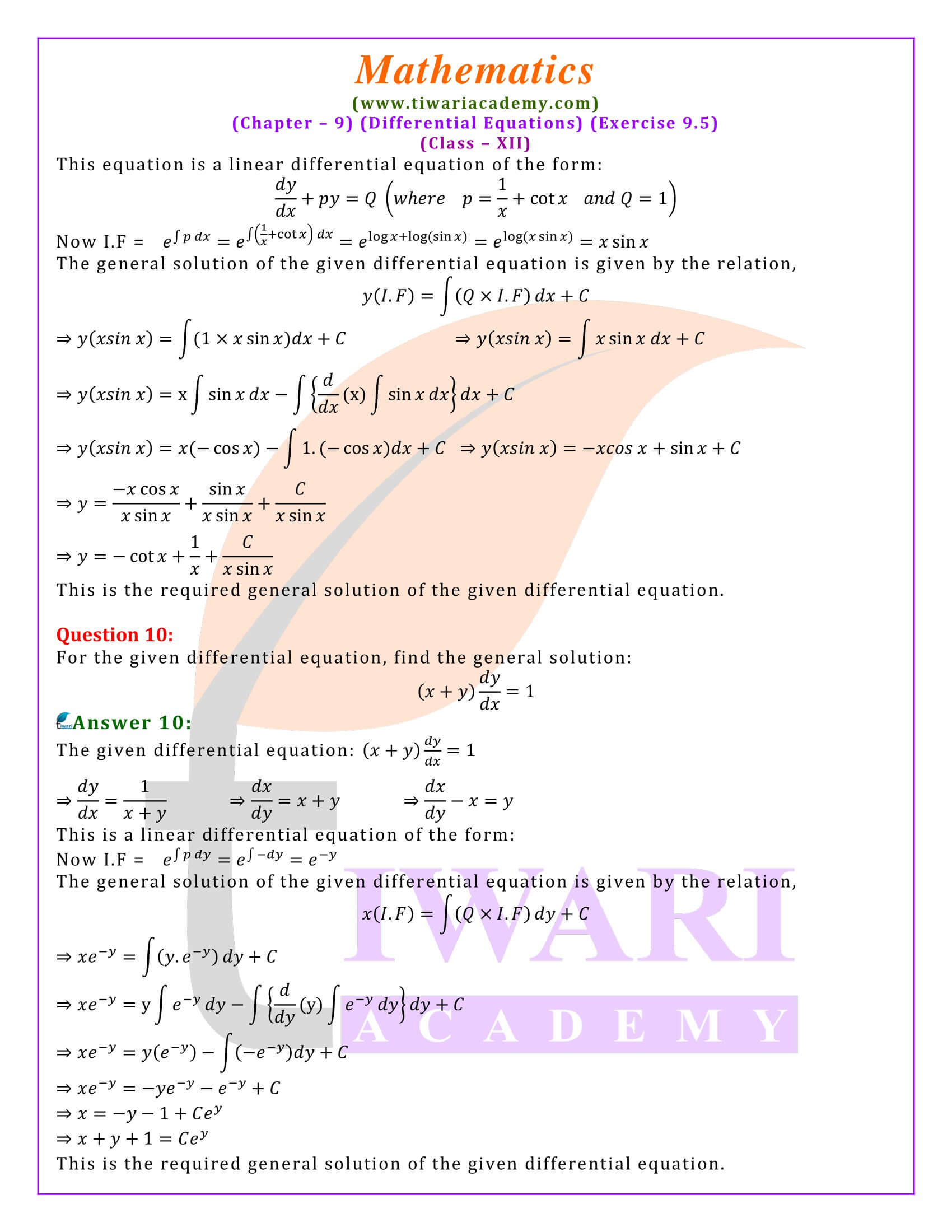 Class 12 Maths Exercise 9.5 in English medium