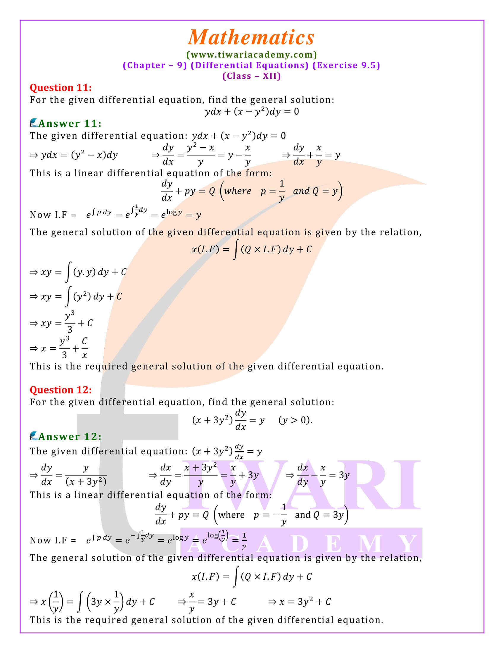 Class 12 Maths Exercise 9.5 updated solutions