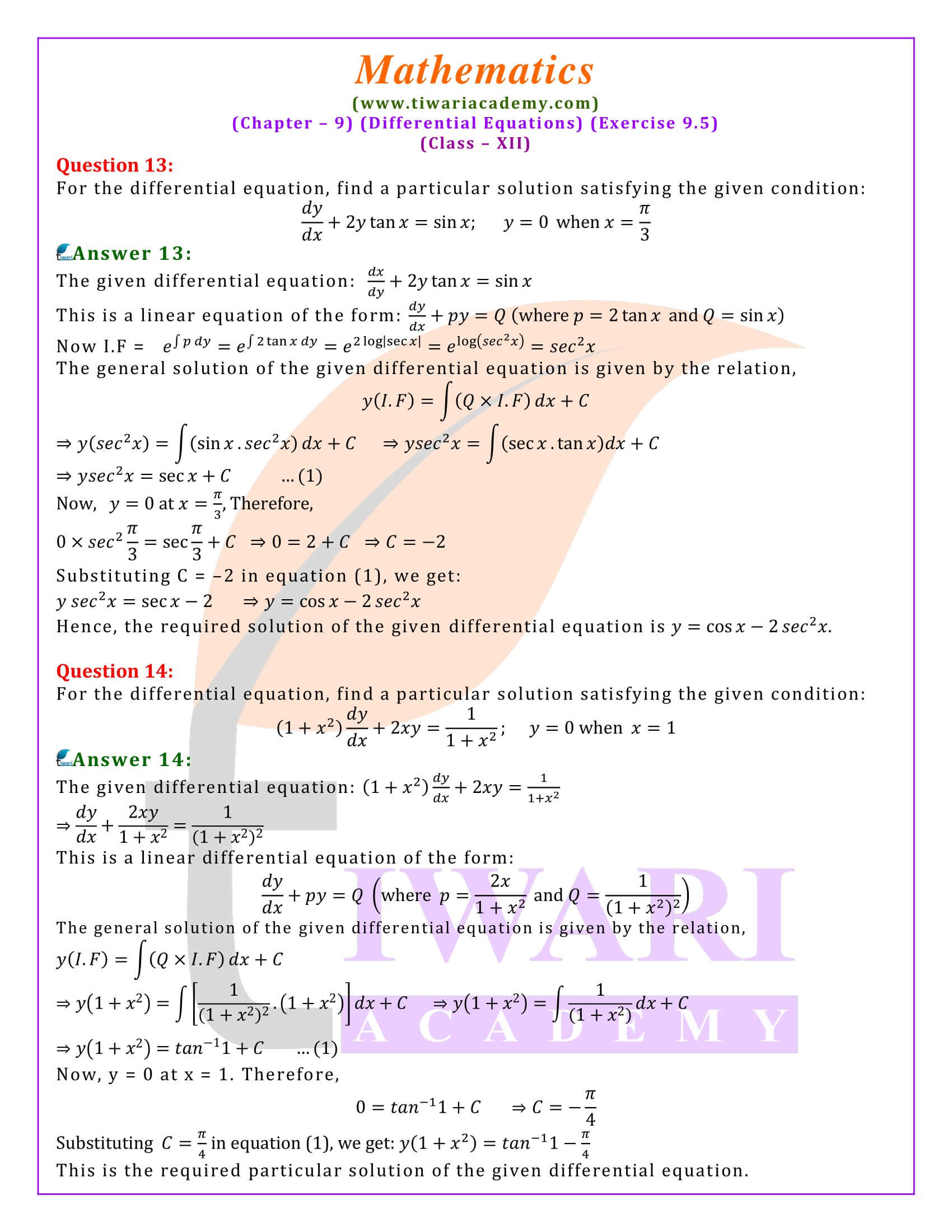 Class 12 Maths Exercise 9.5 rationalised solutions