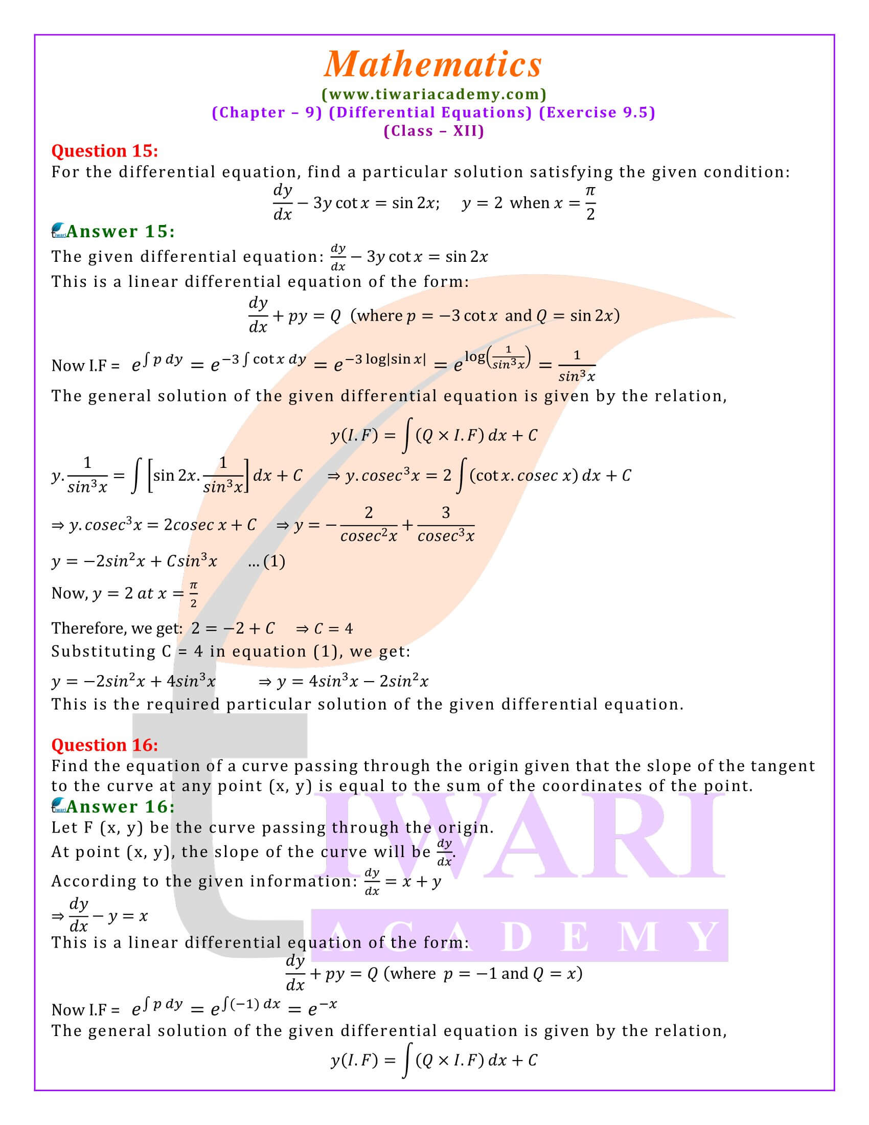 12th Maths ex. 9.5