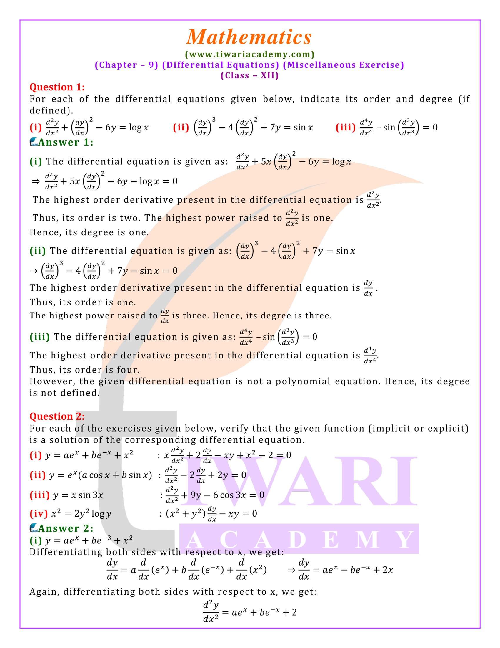 Class 12 Maths Chapter 9 Miscellaneous Exercise solutions