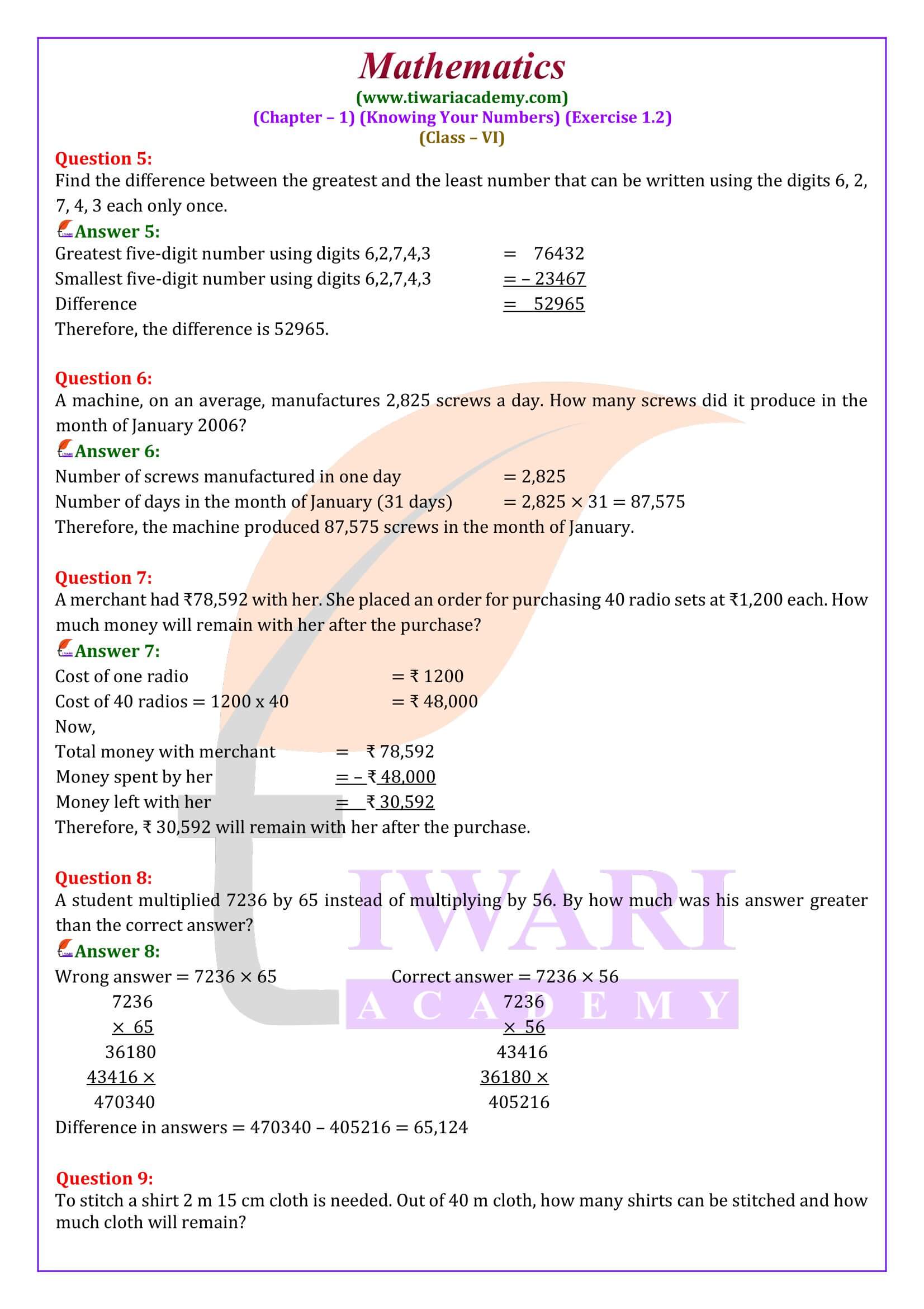 NCERT Solutions for Class 6 Maths Exercise 1.2