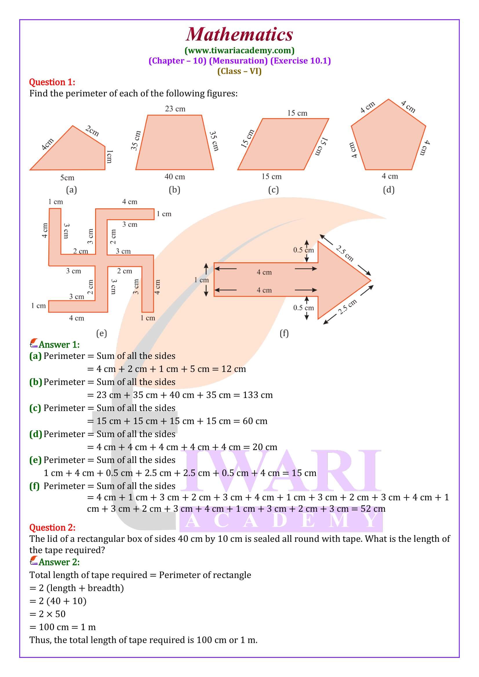 Class 6 Maths Exercise 10.1 solution in English Medium