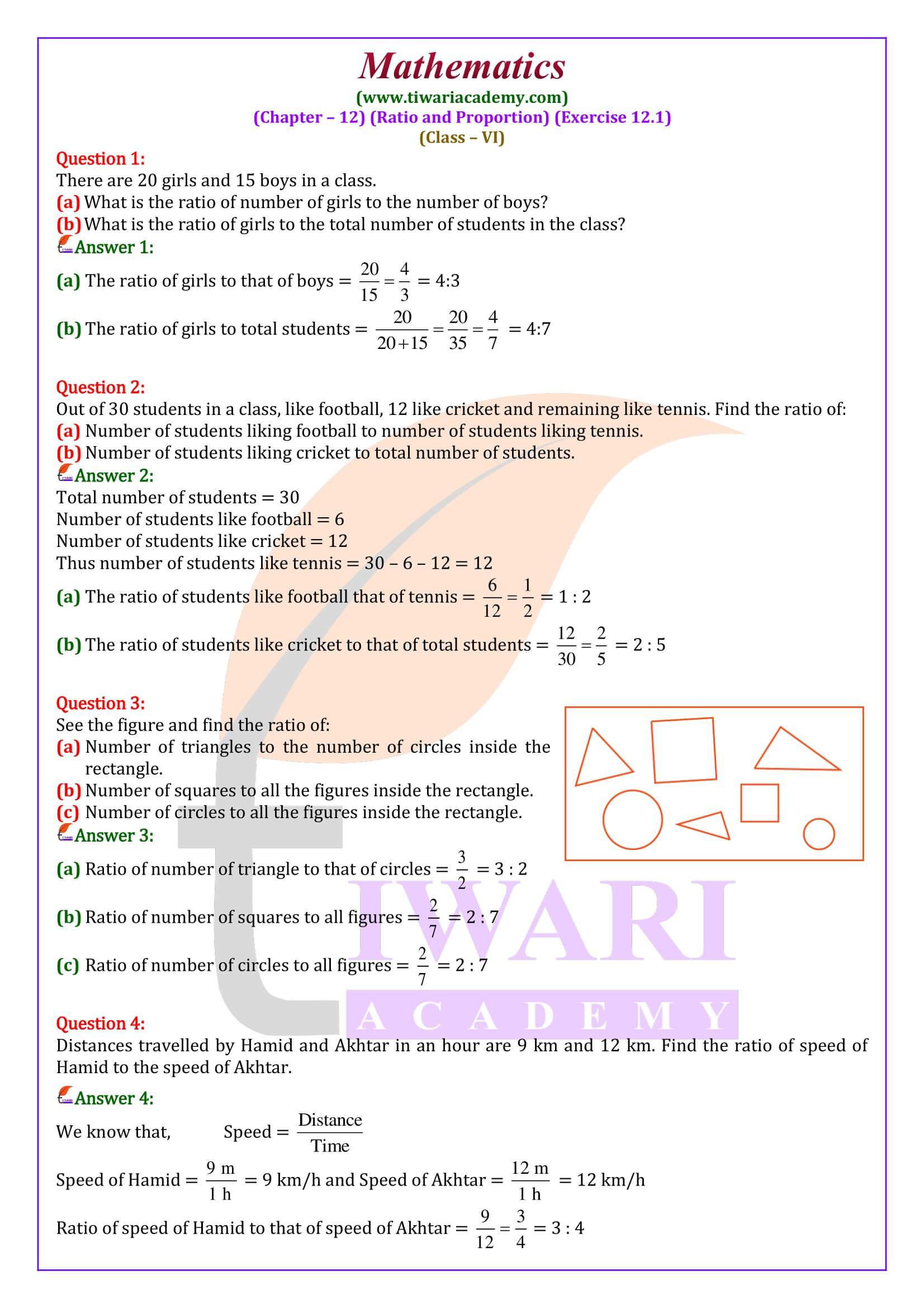 Class 6 Maths Exercise 12.1 in English medium