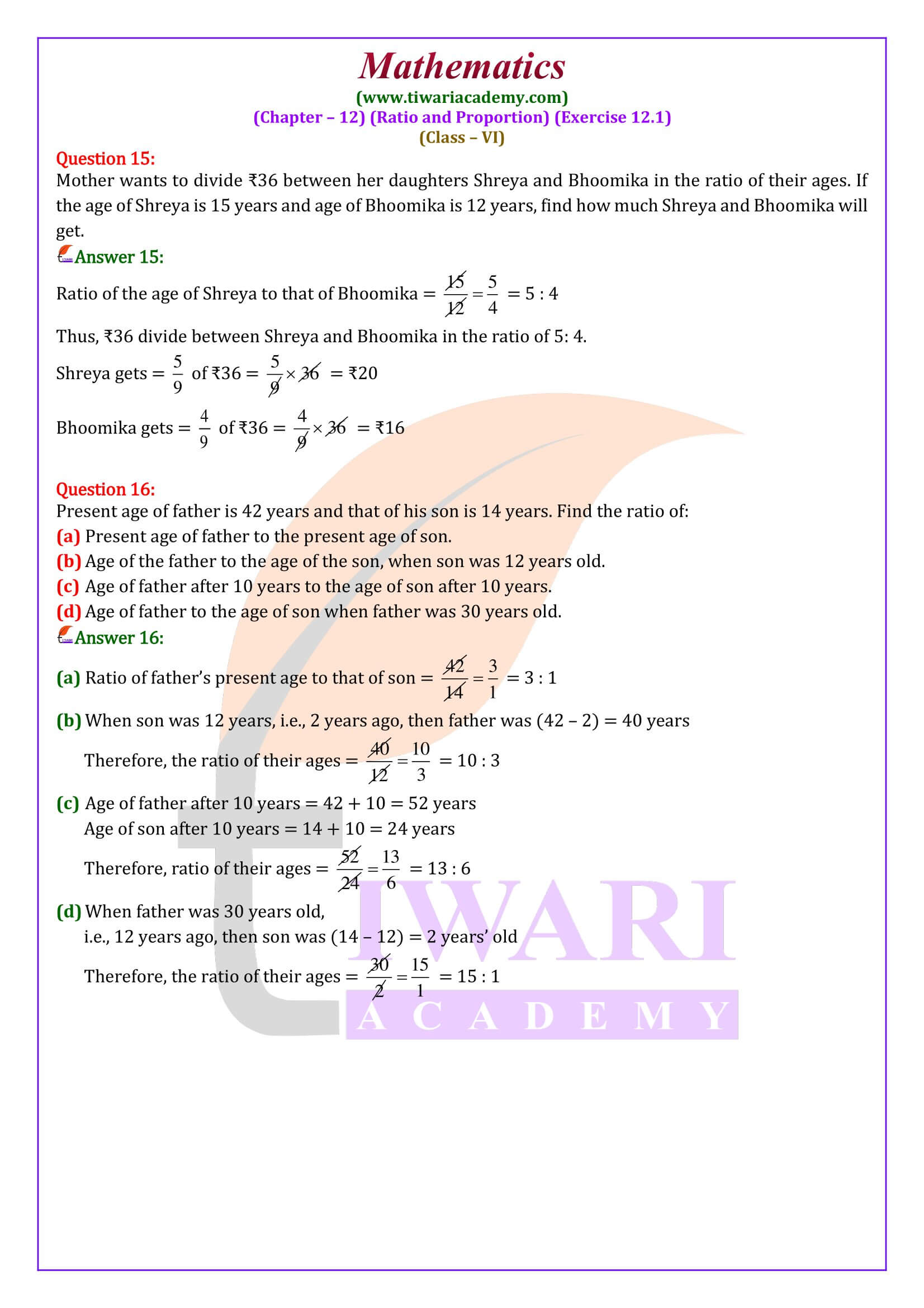 Class 6 Maths Exercise 12.1