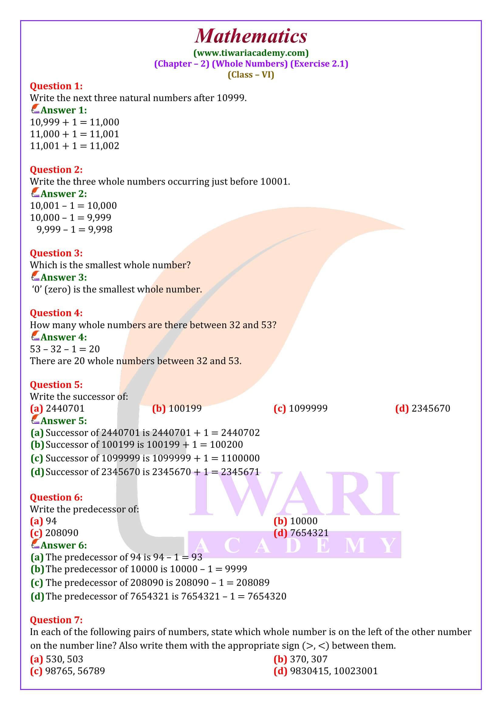 Class 6 Maths Exercise 2.1 in English Medium