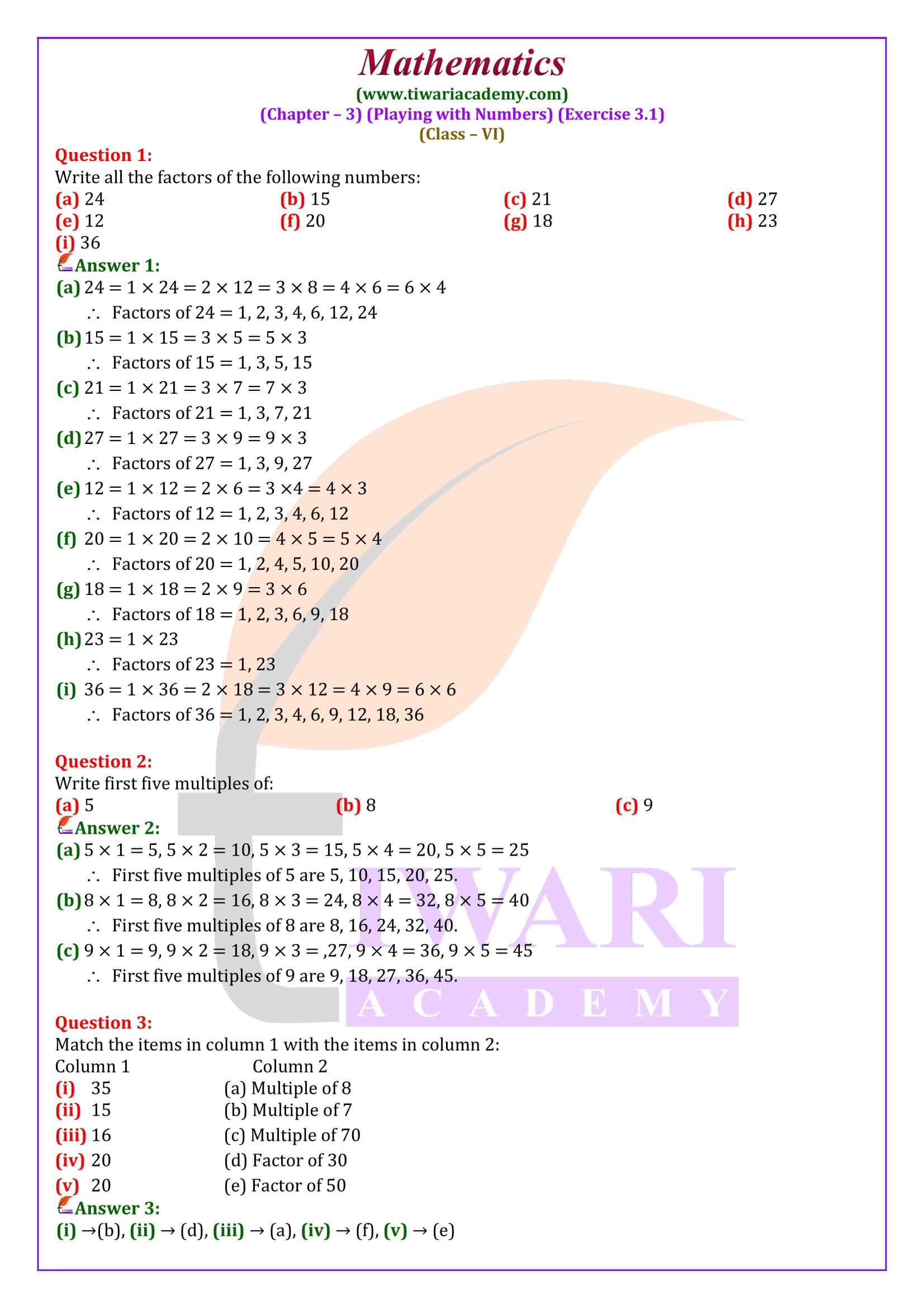 Class 6 Maths Exercise 3.1 in English Medium