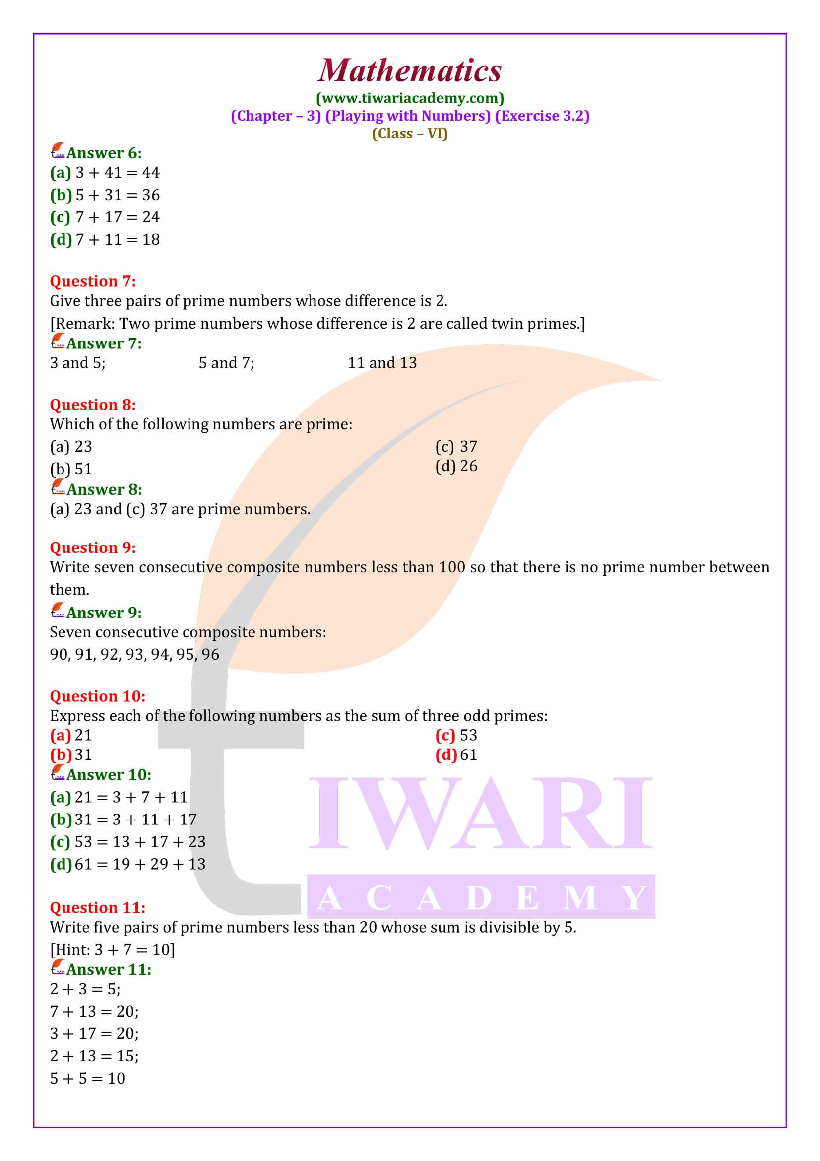 6th Maths Exercise 3.2