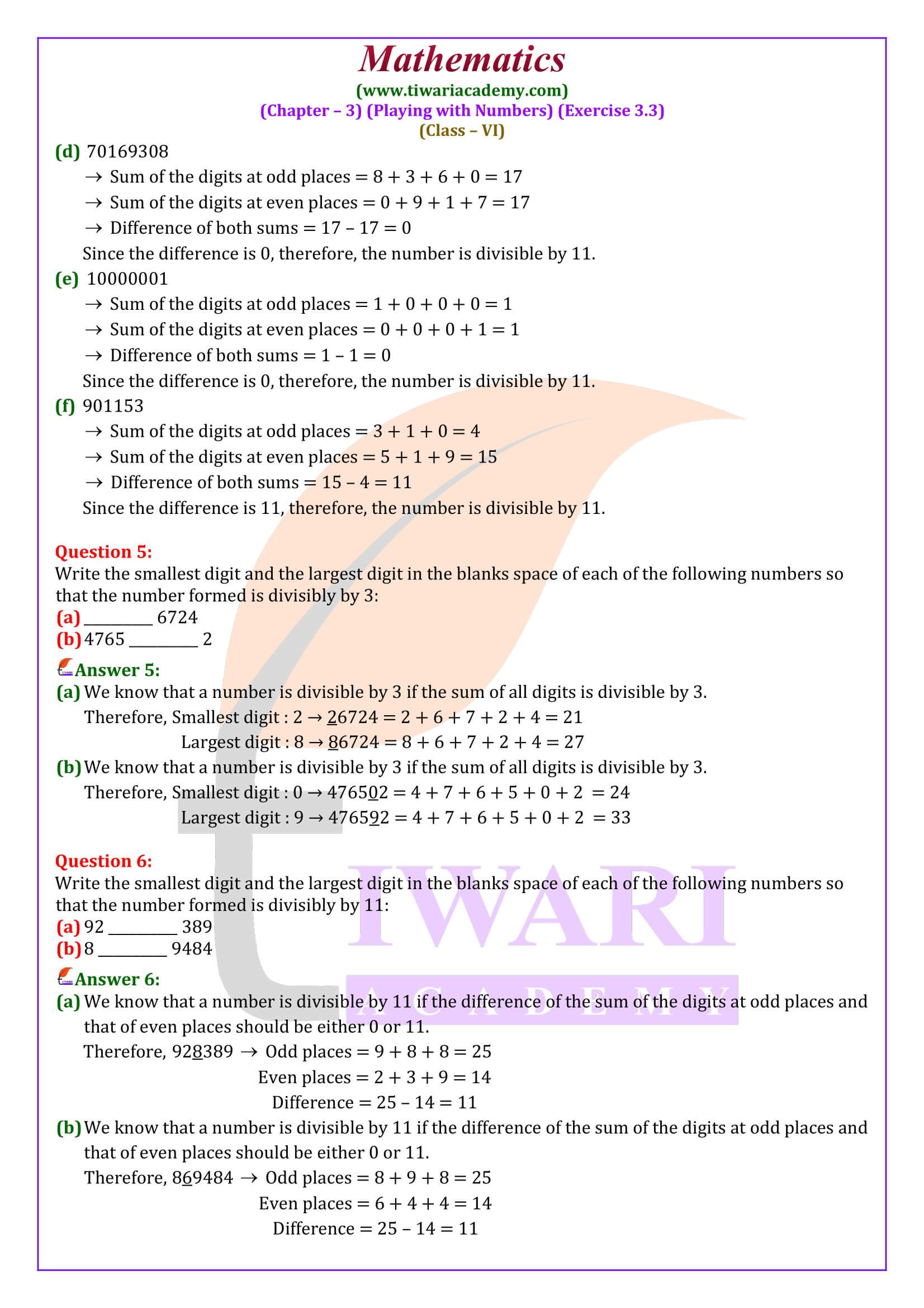 class 6 maths chapter 3 assignment