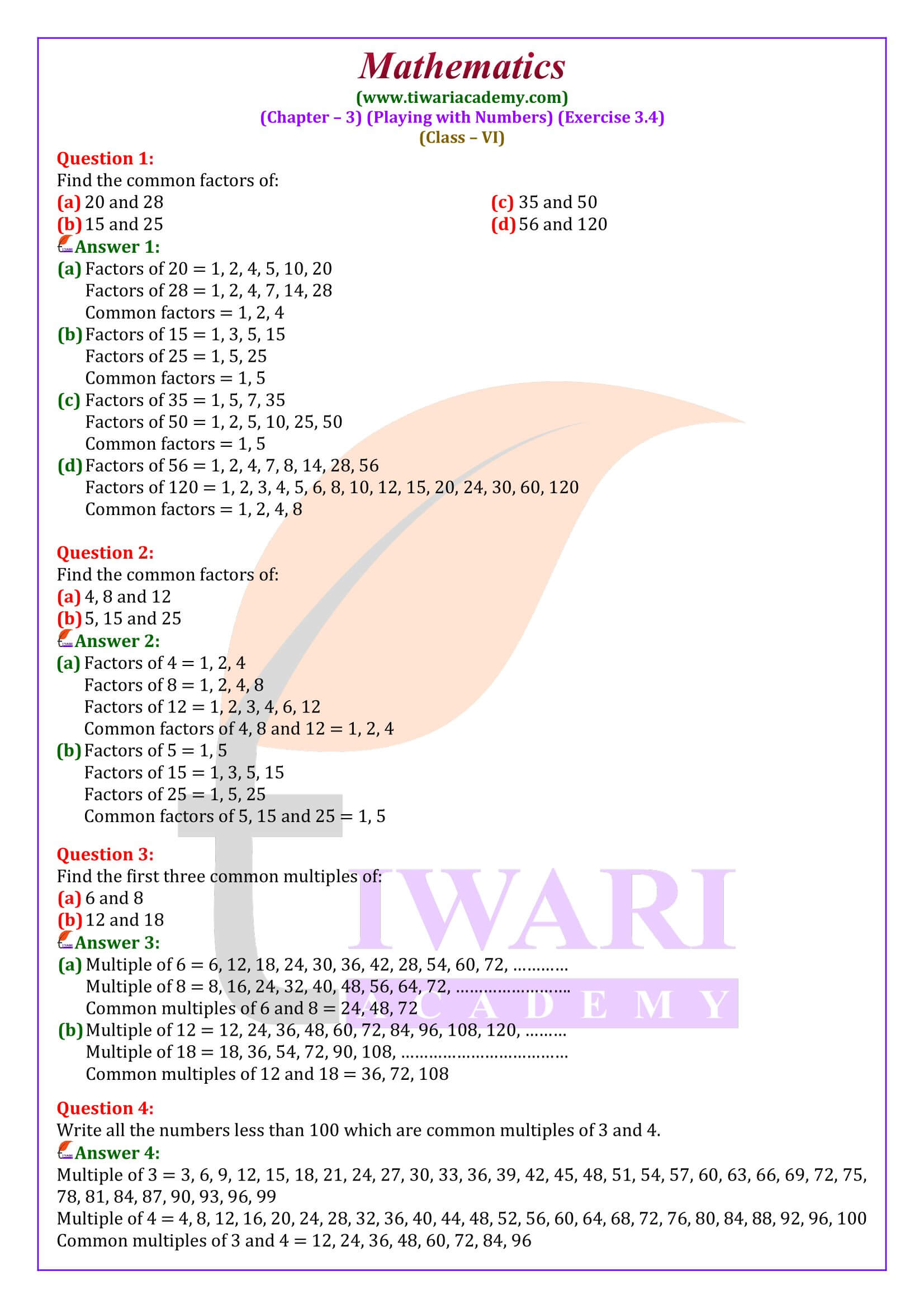 Class 6 Maths Ex. 3.4