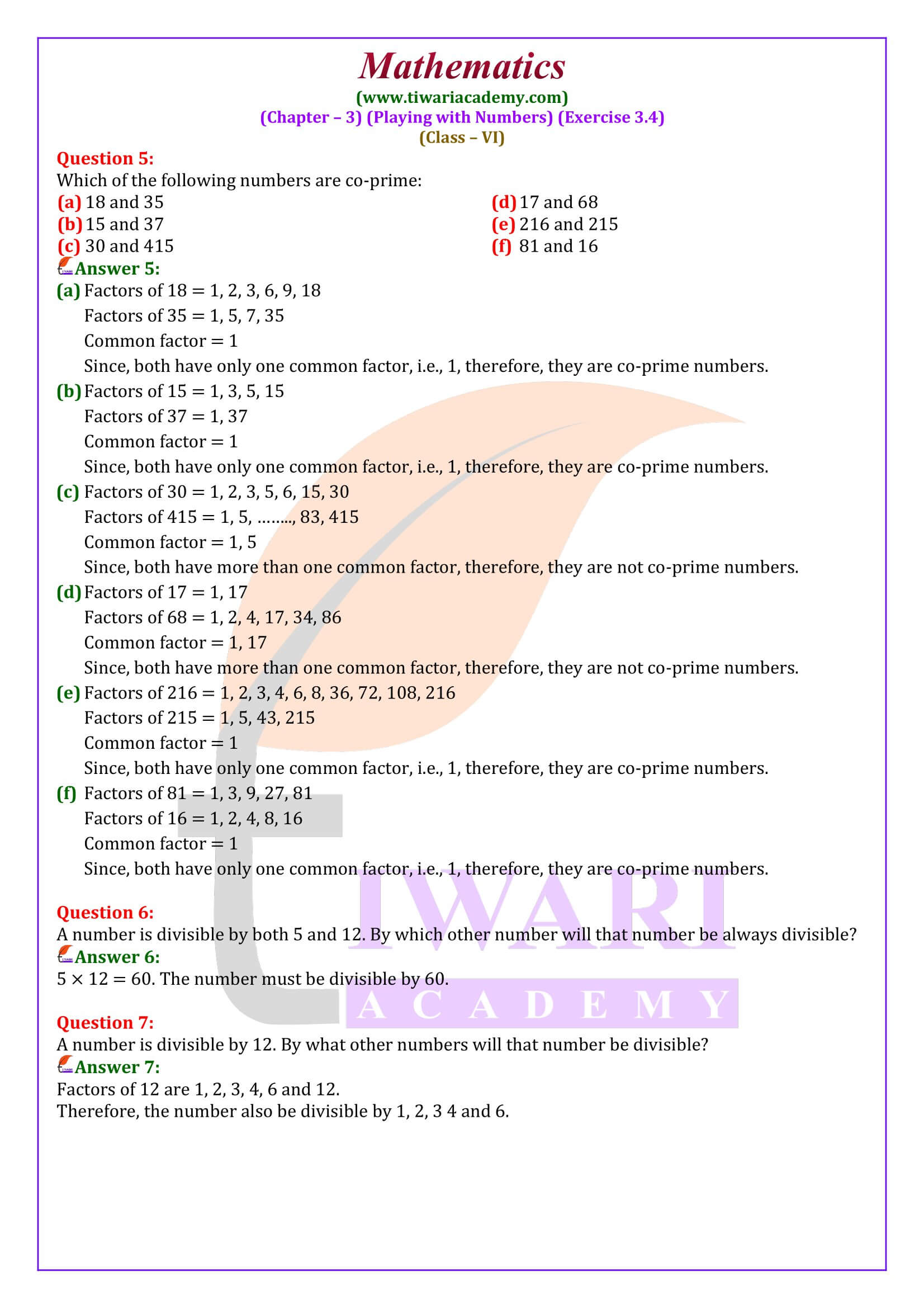 Class 6 Maths Exercise 3.4