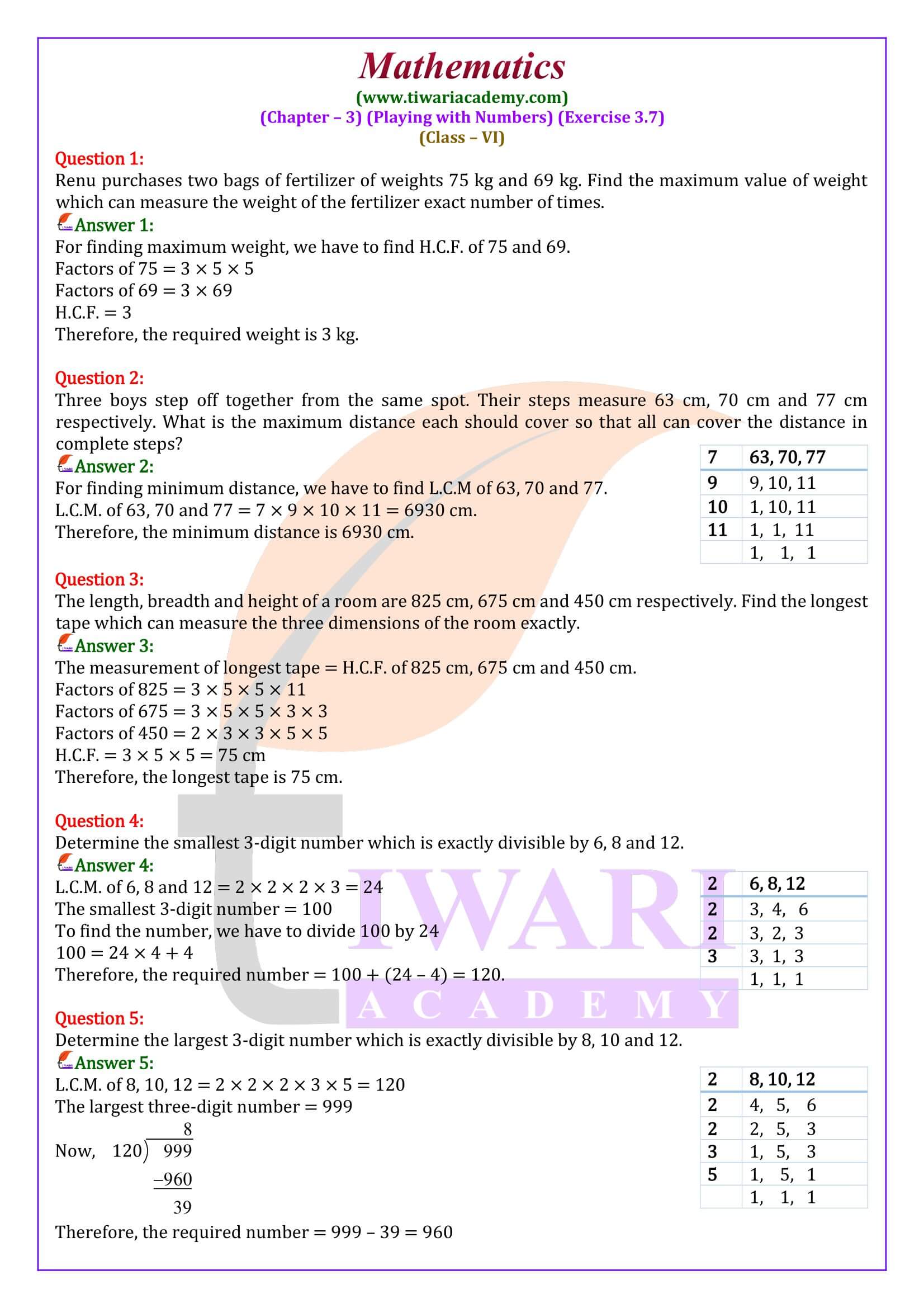 Class 6 Maths Exercise 3.7