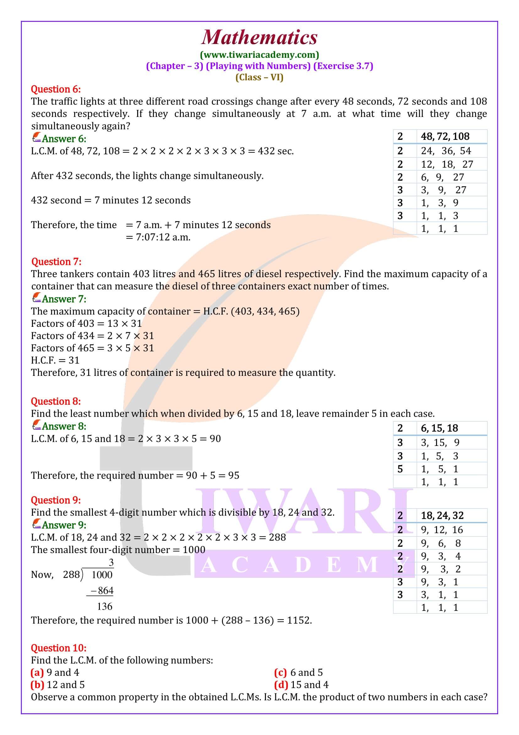 Class 6 Maths Exercise 3.7 solutions in English Medium