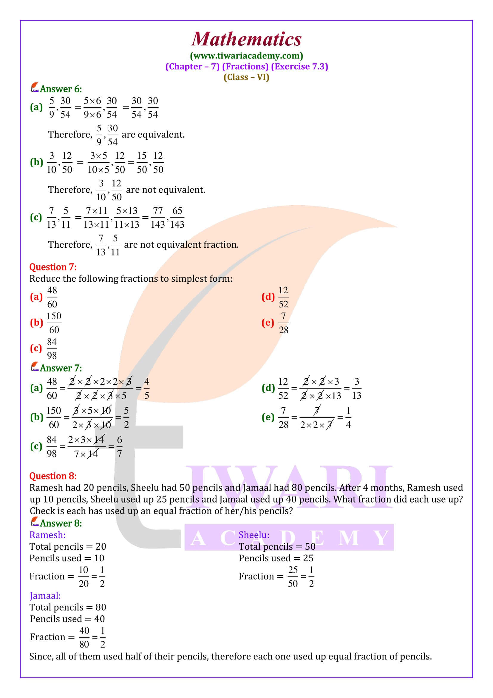 6th Maths ex. 7.3