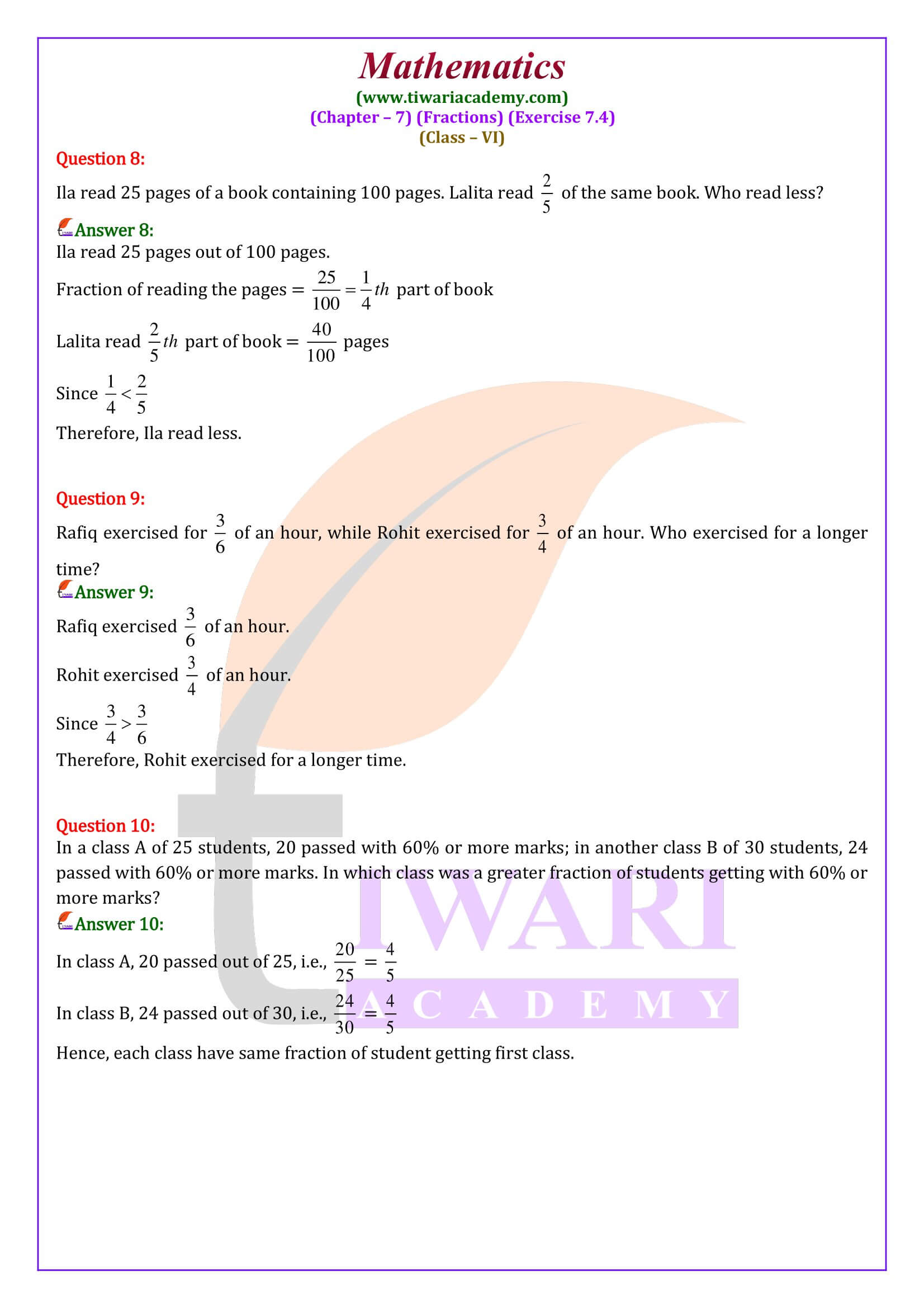6th Maths ex. 7.4 solutions