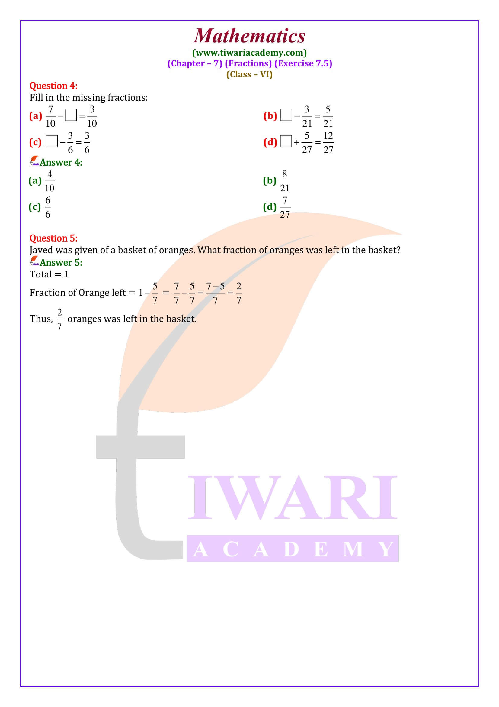 Class 6 Maths Exercise 7.5