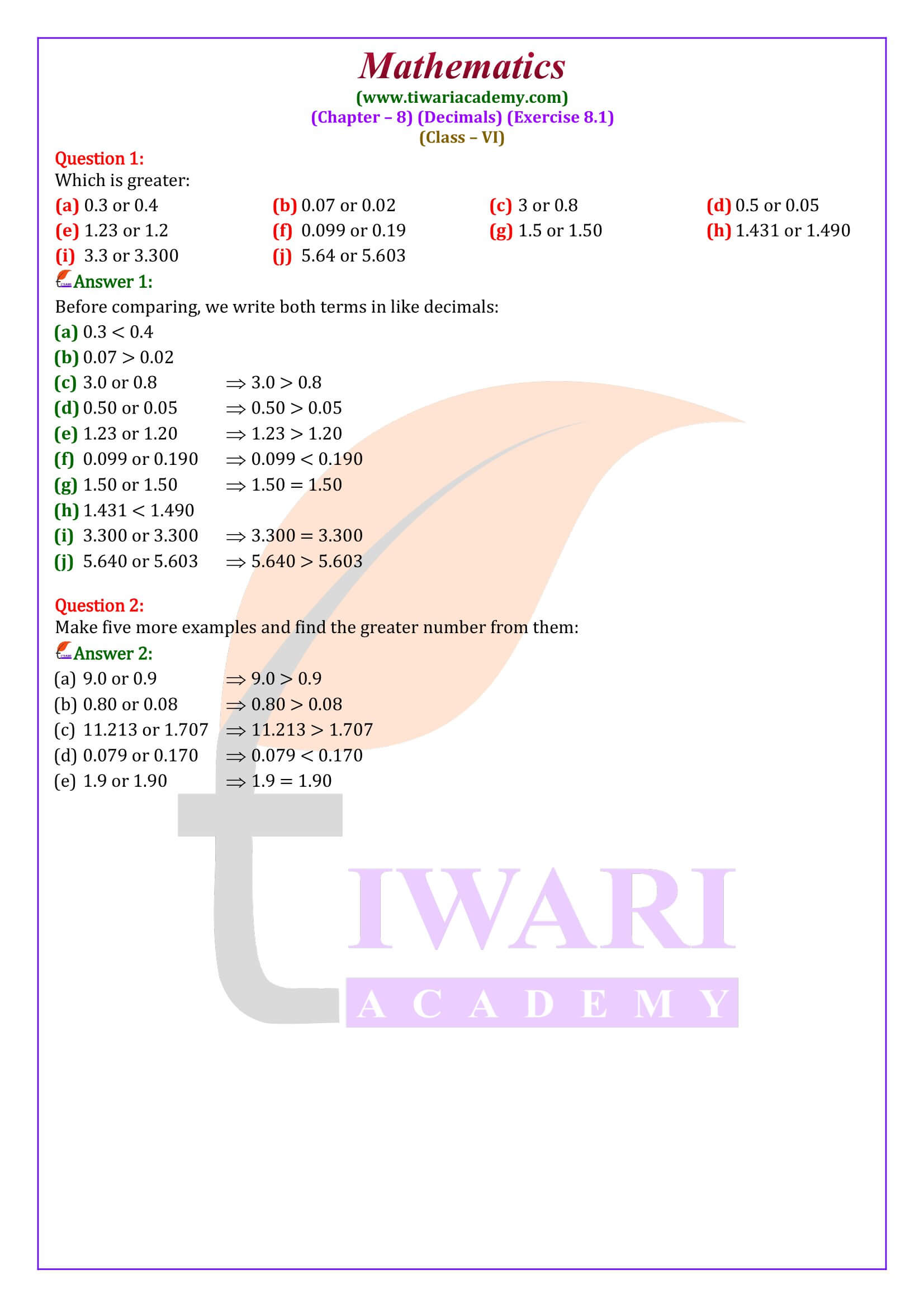 Class 6 Maths Exercise 8.1