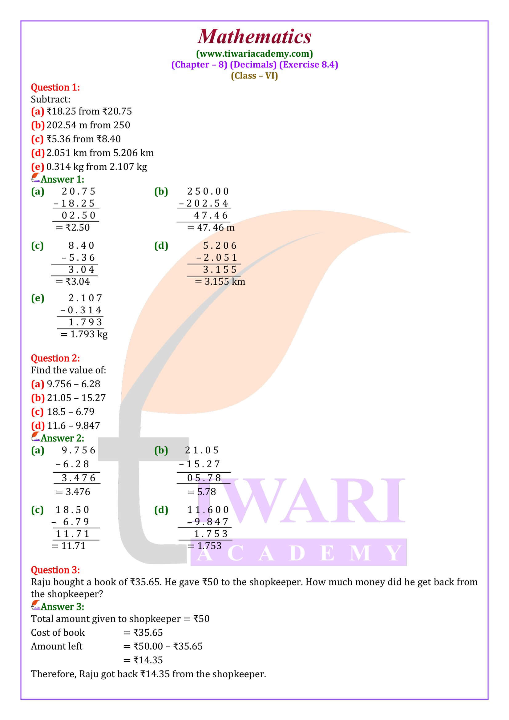 Class 6 Maths Ex. 8.4