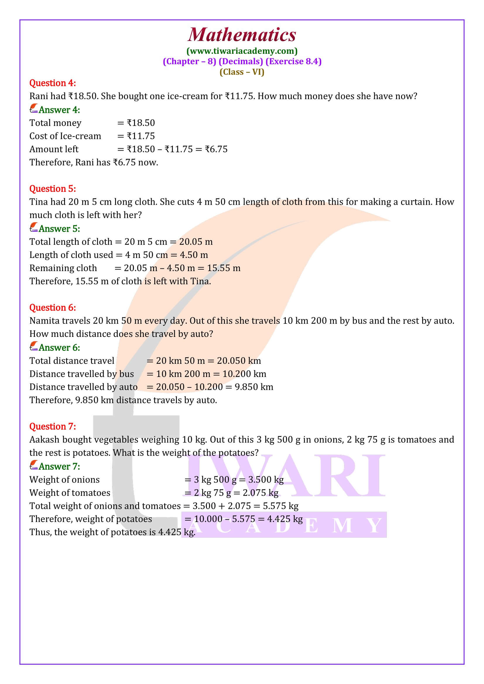 Class 6 Maths Exercise 8.4