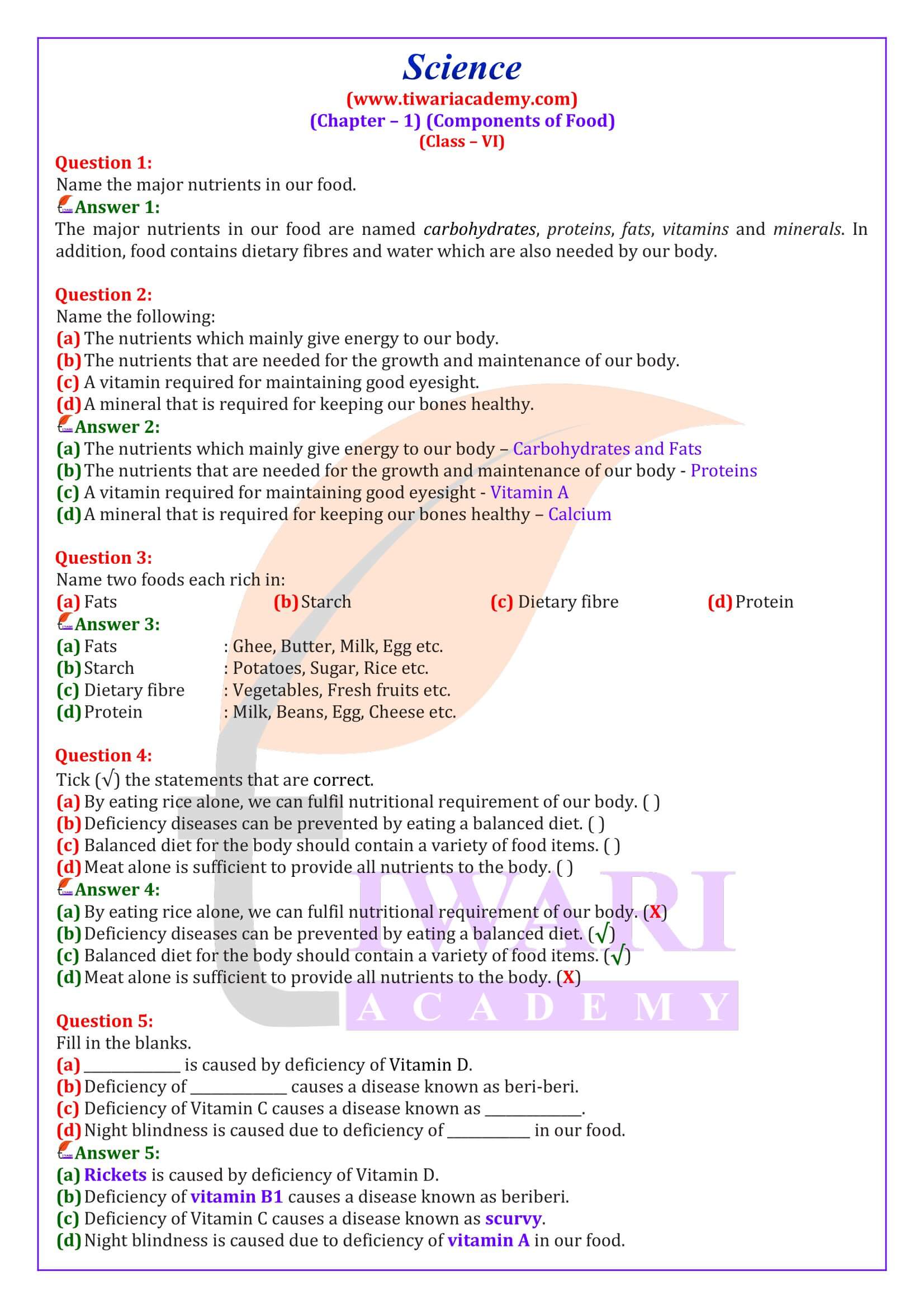 Class 6 Science Chapter 1 Components of Food Question Answers