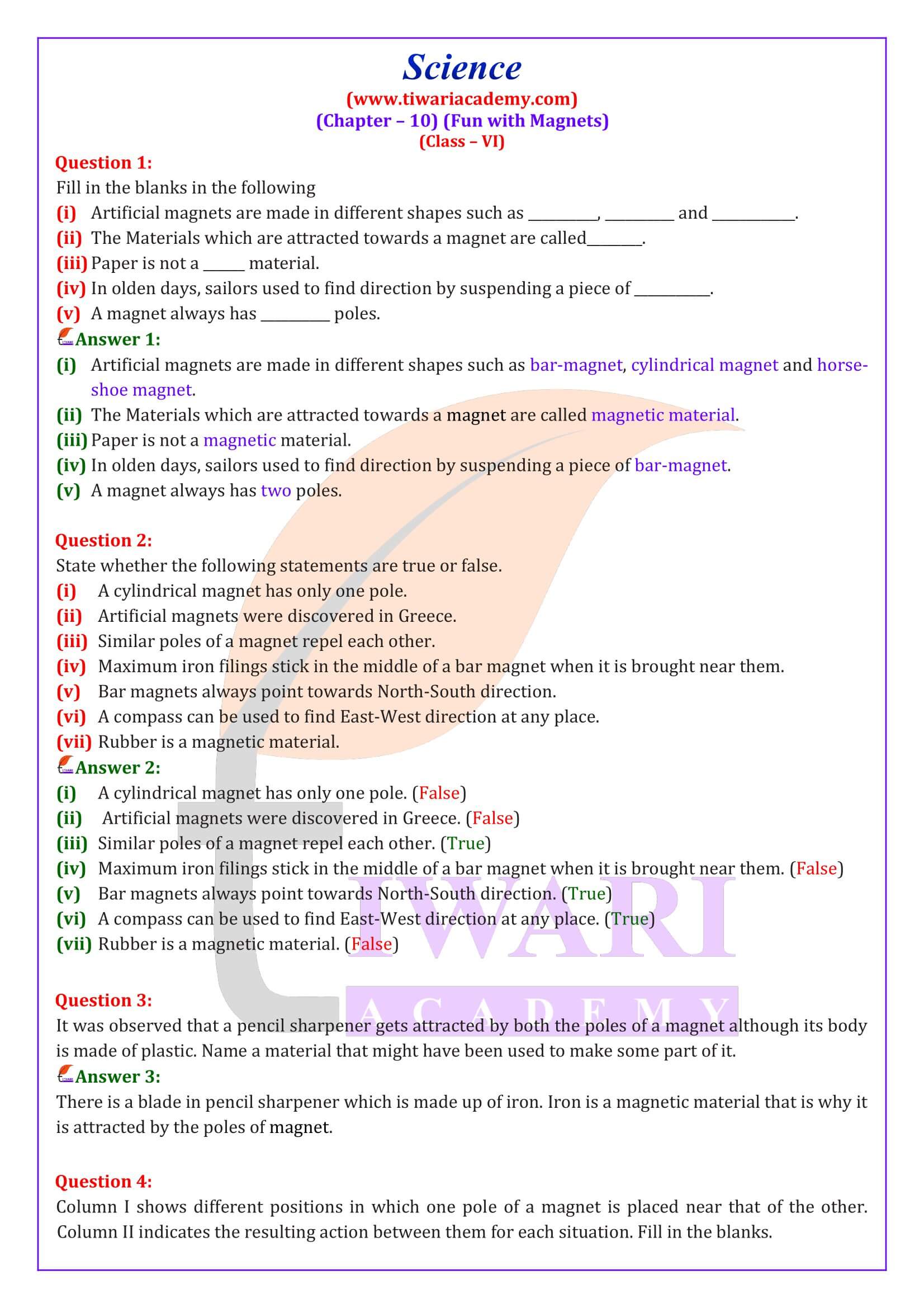 NCERT Solutions for Class 6 Science Chapter 10