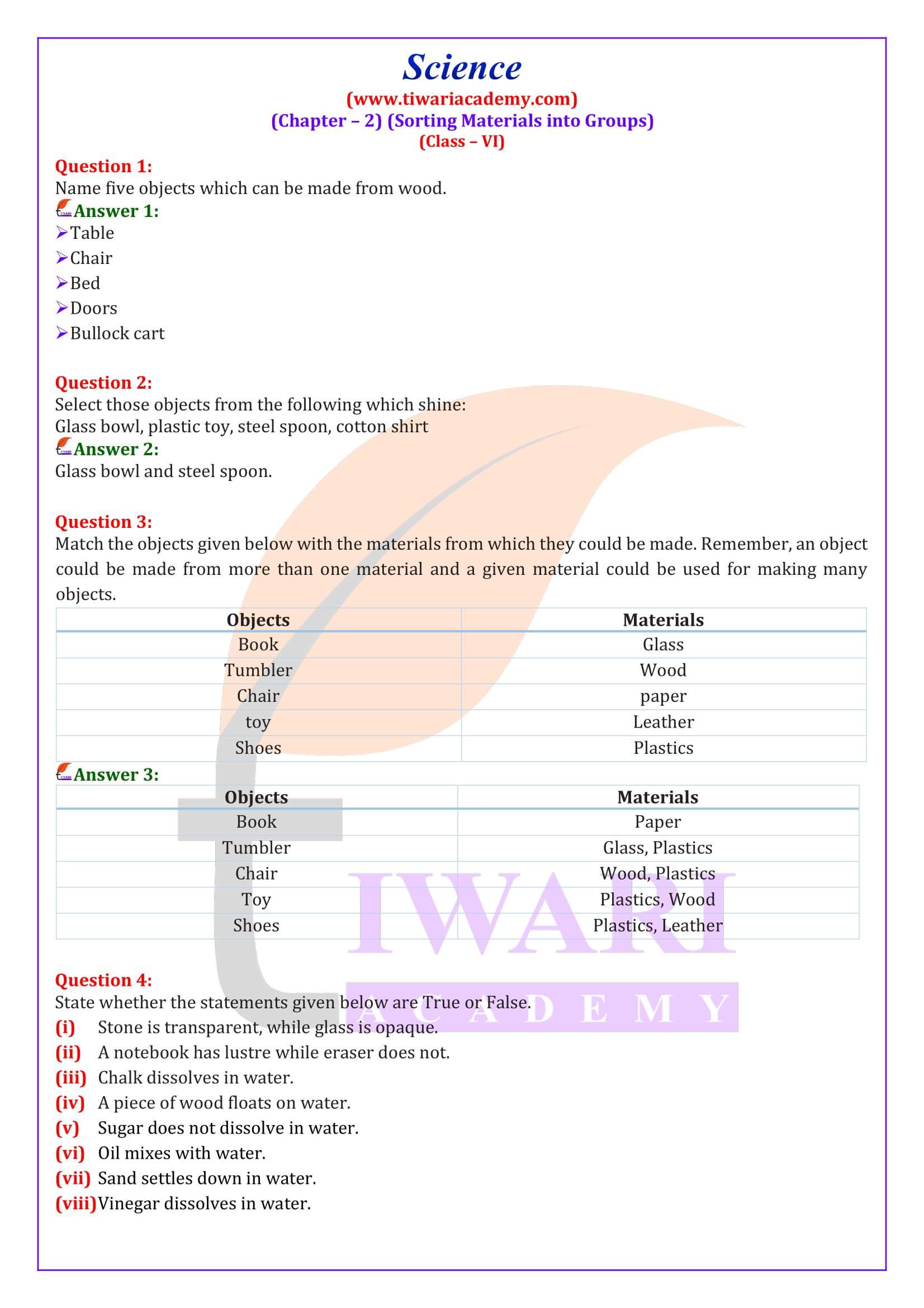 Class 6 Science Chapter 2 Sorting Materials and Groups Question answers