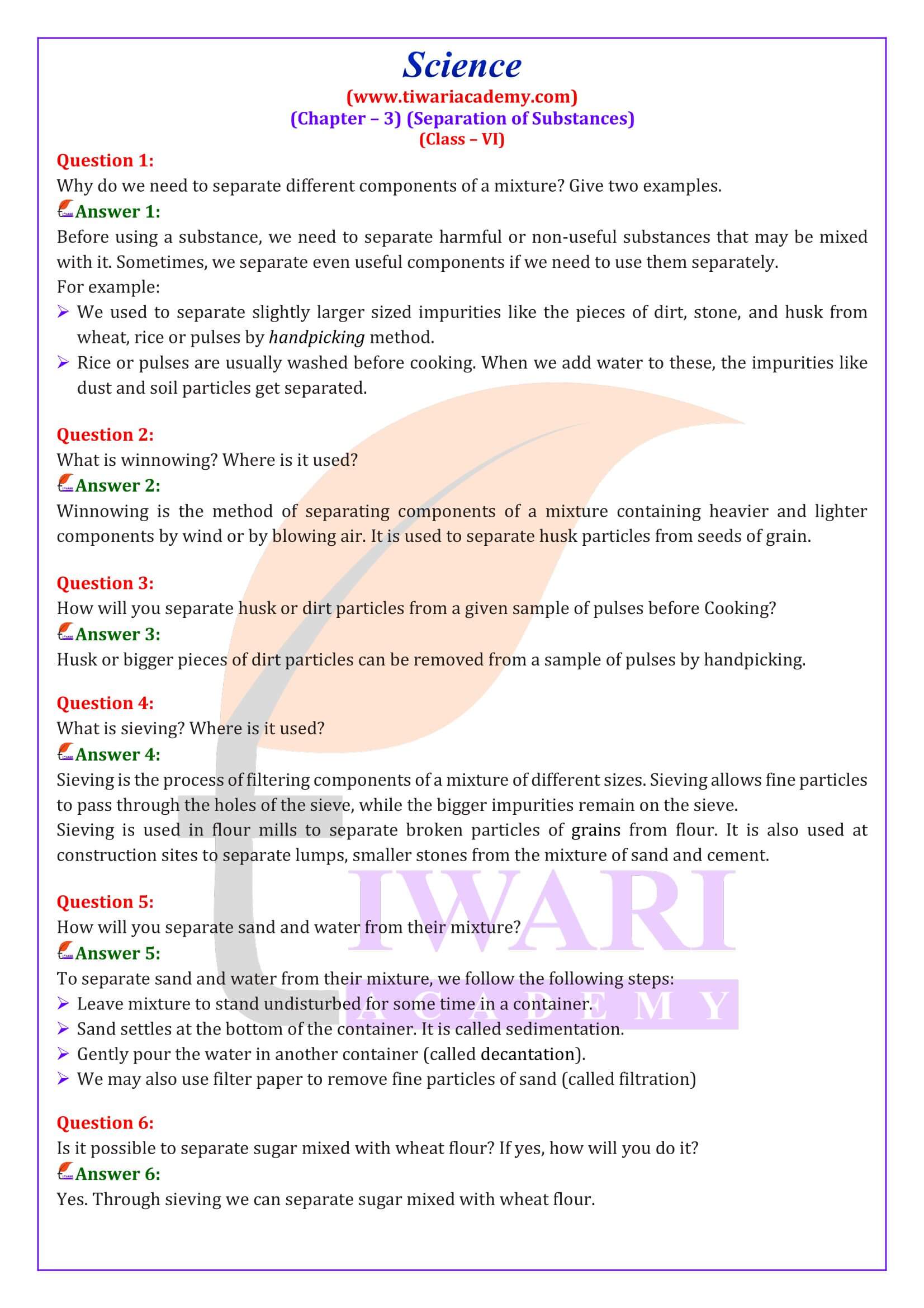 NCERT Solutions for Class 6 Science Chapter 3 Question Answers