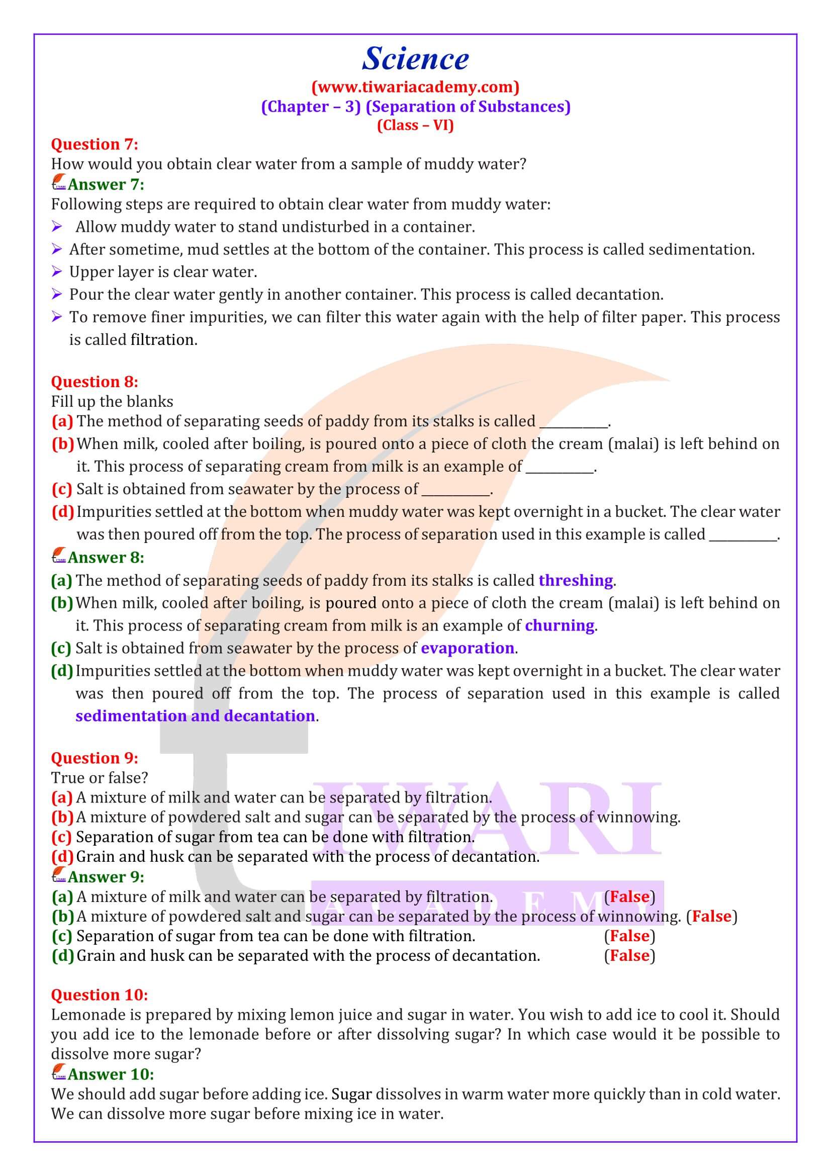 NCERT Solutions for Class 6 Science Chapter 3 Separation of Substances