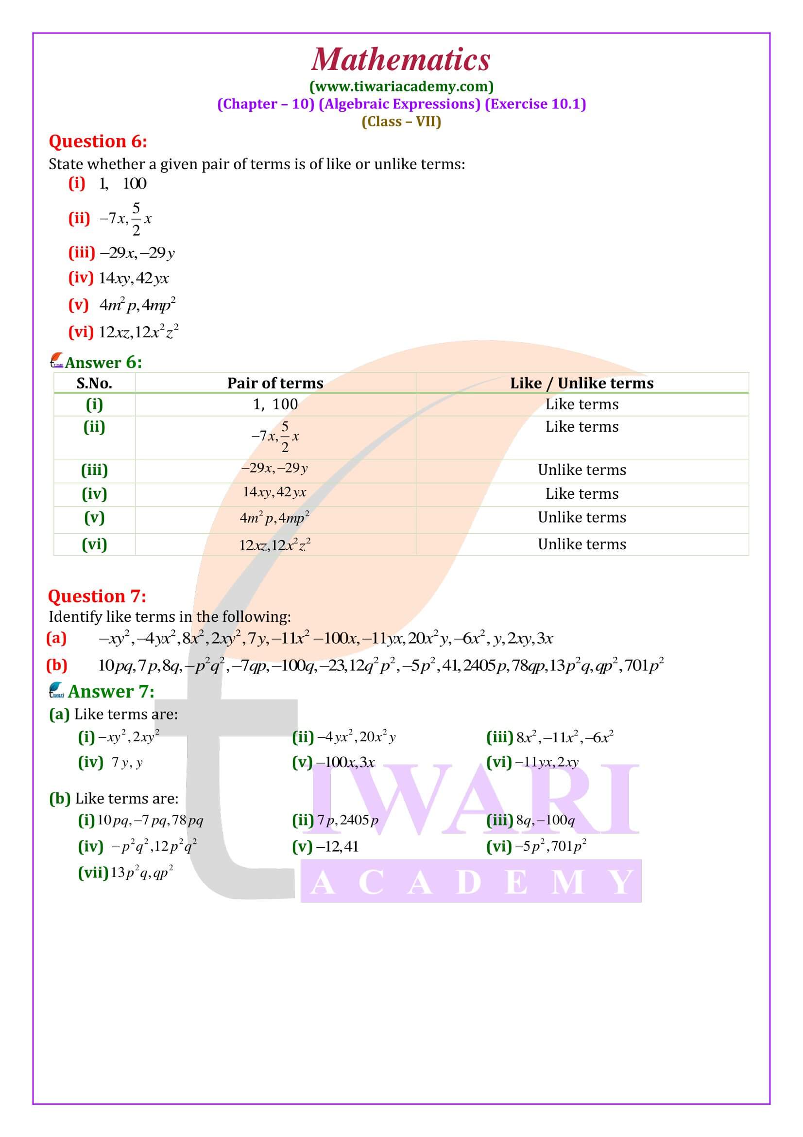 Class 7 Maths Exercise 10.1