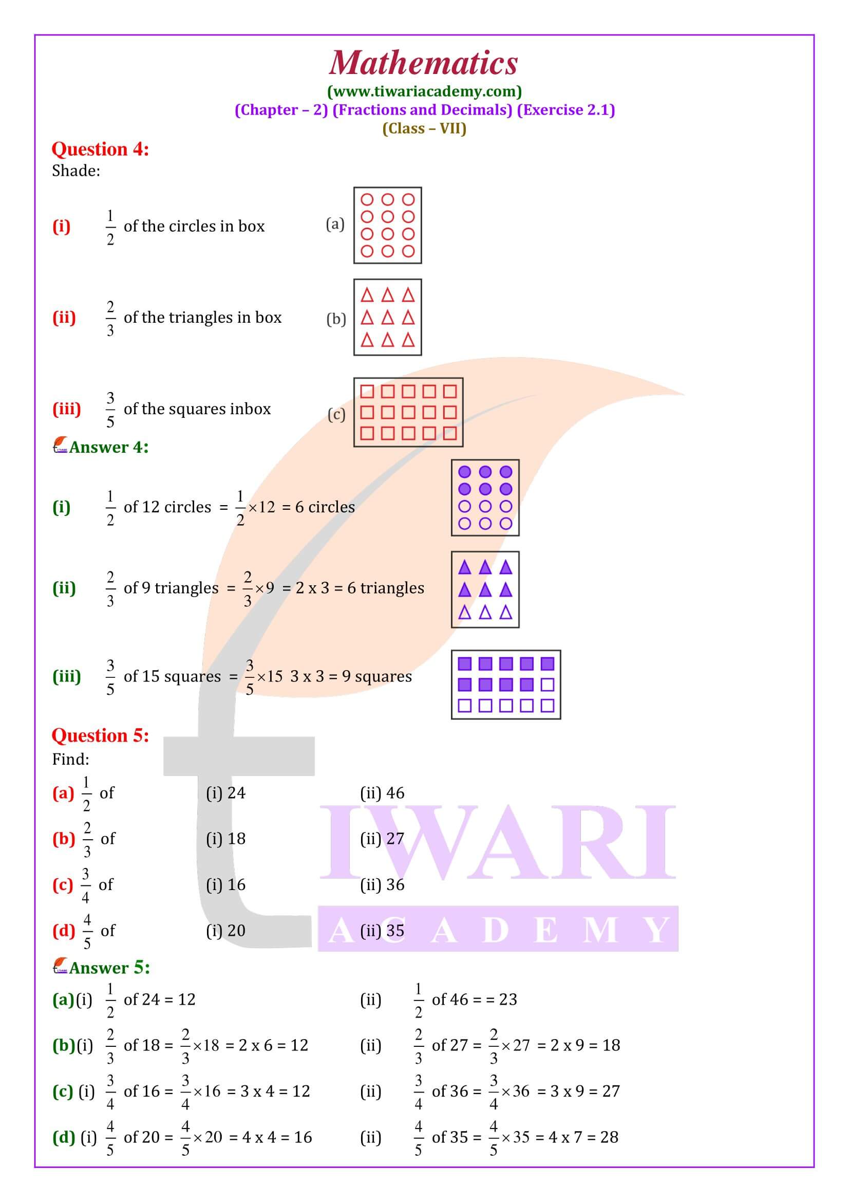 Class 7 Maths Exercise 2.1 sols in English