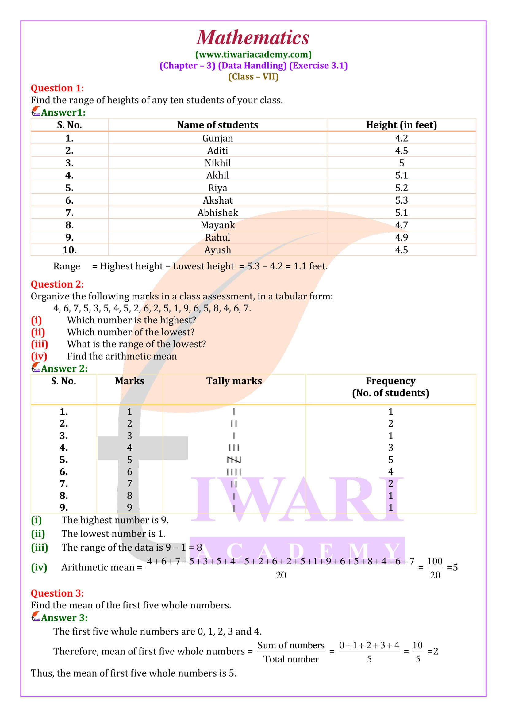 Class 7 Maths Exercise 3.1 solutions in English Medium