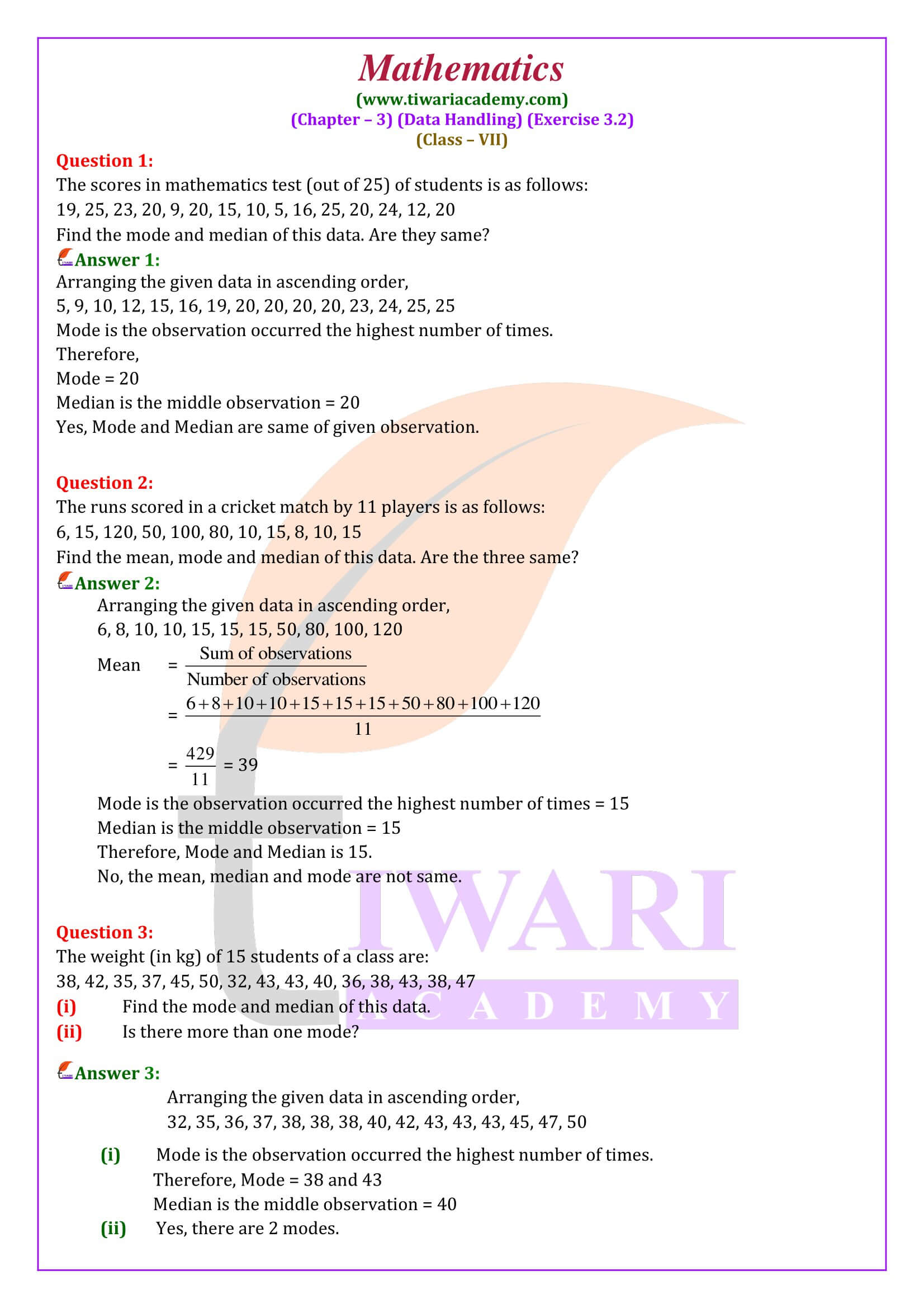 Class 7 Maths Exercise 3.2 solutions in English medium