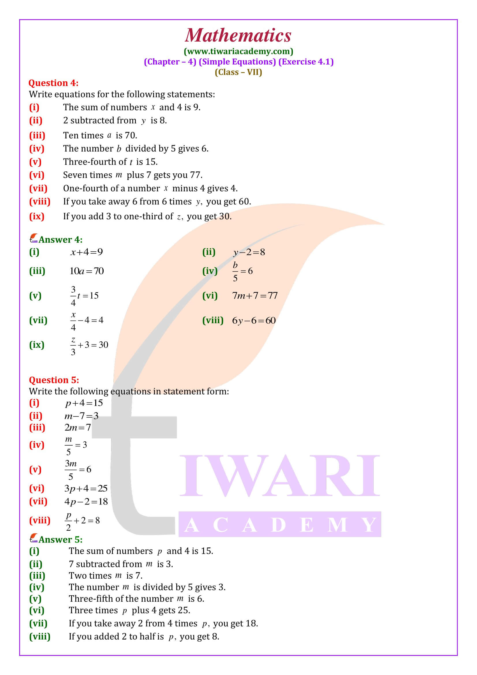 7th Maths ex. 4.1