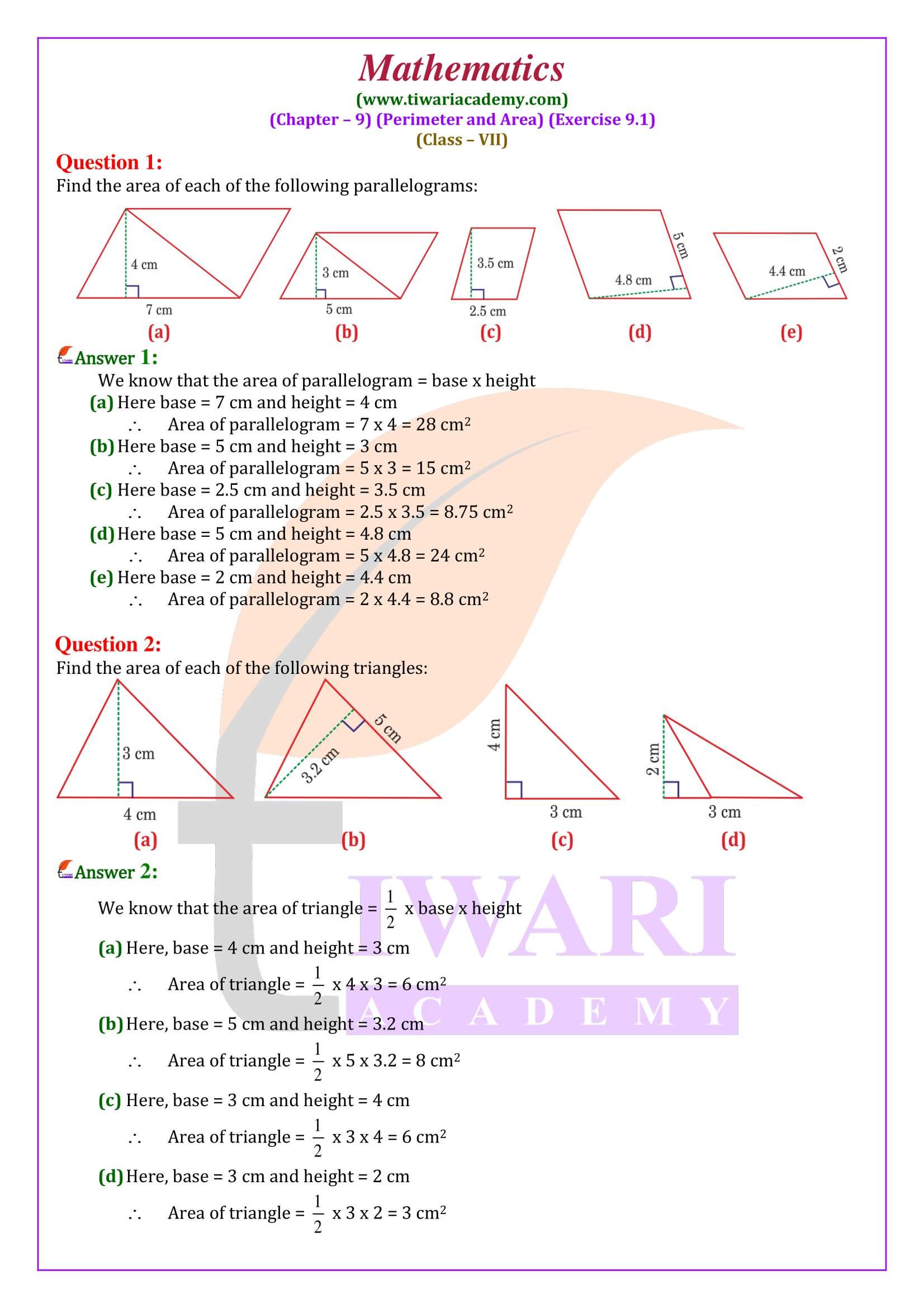 Class 7 Maths Exercise 9.1 solutions in English medium