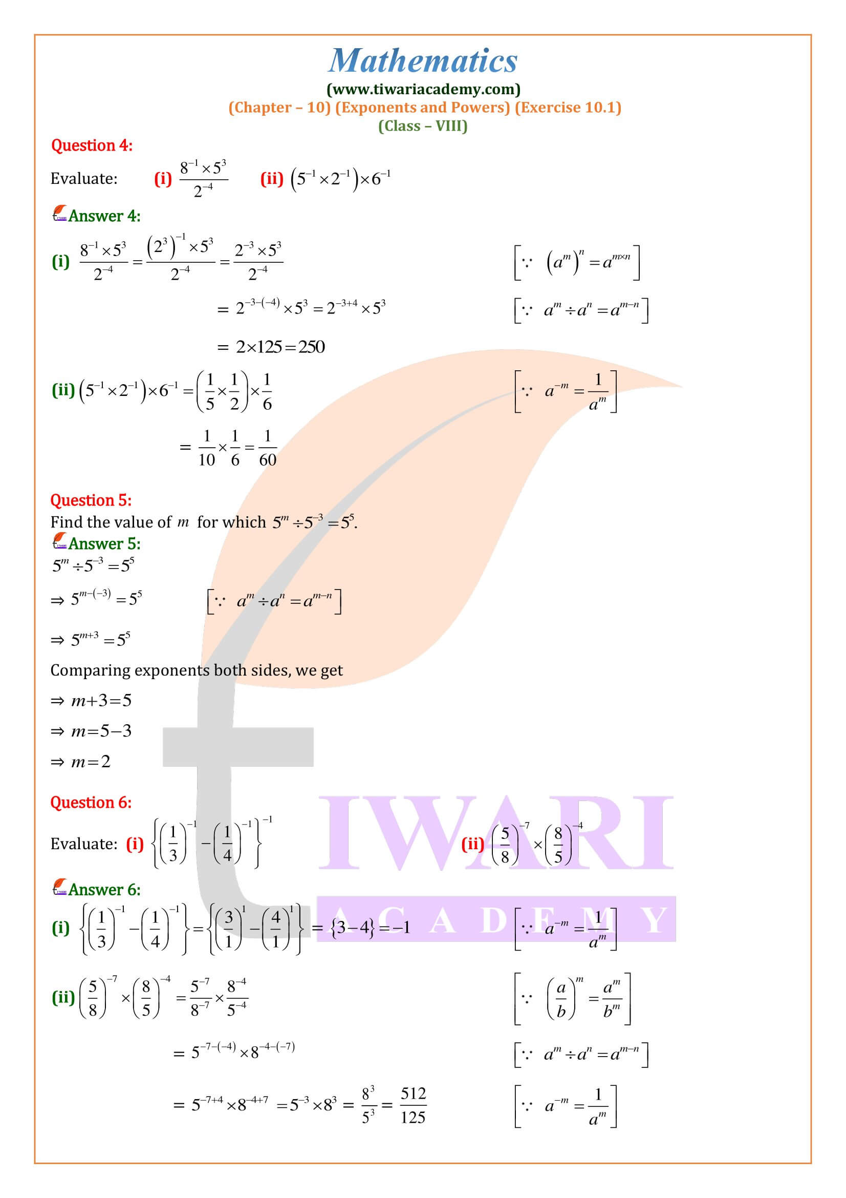 Ex. 10.1 solutions class VIII math