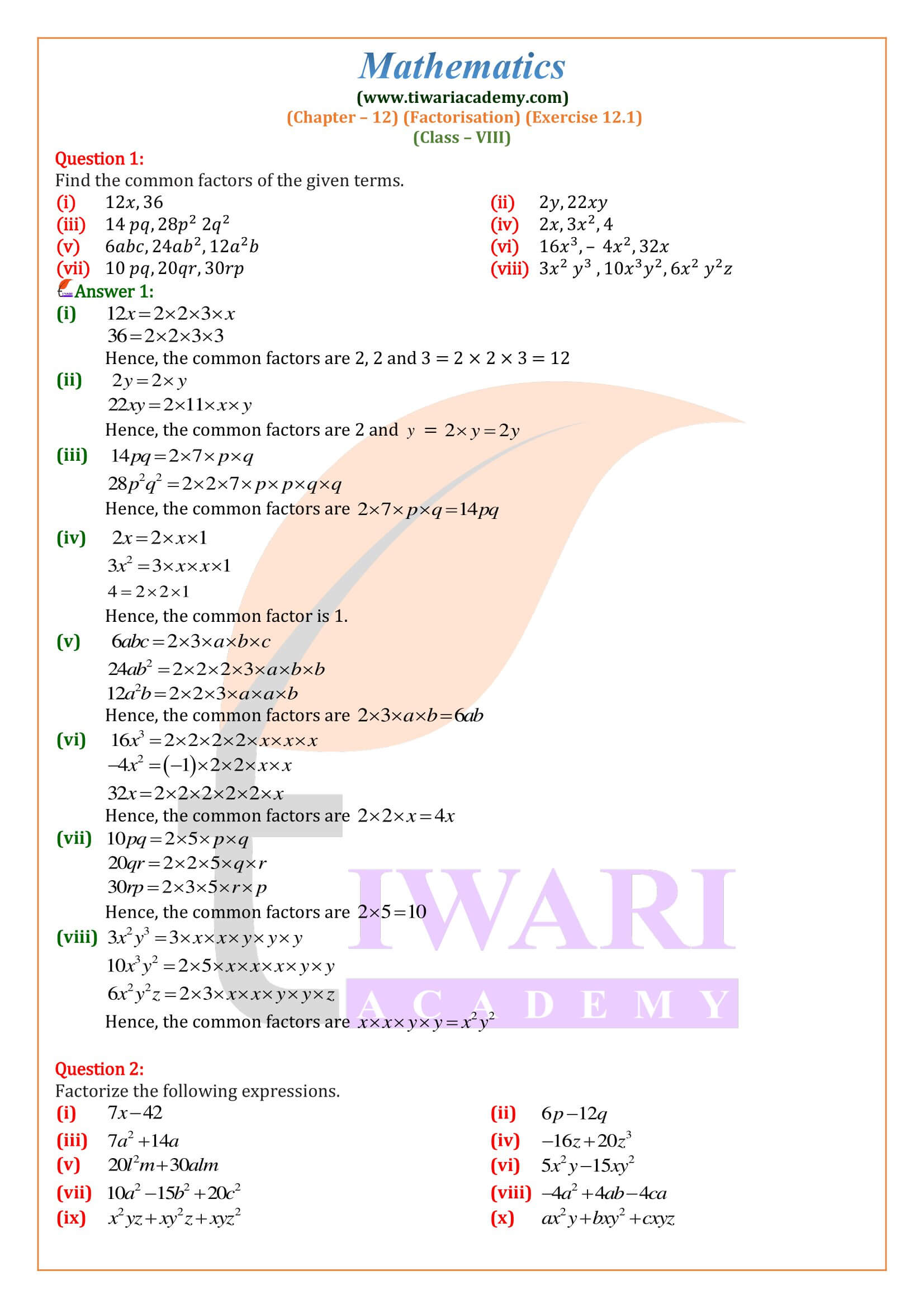 Class 8 Maths Exercise 12.1 solutions in English Medium