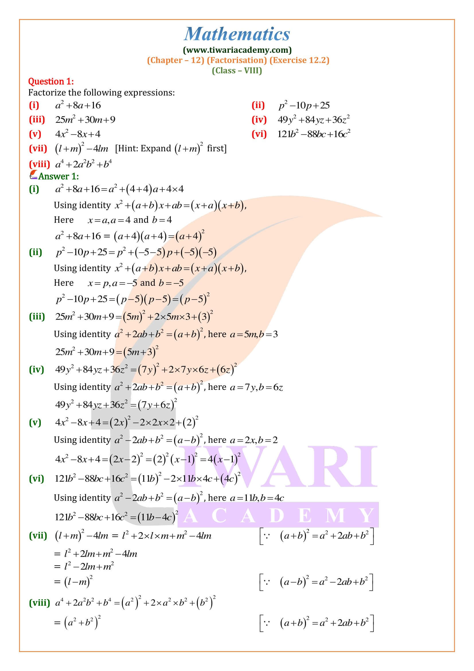 Class 8 Maths Exercise 12.2 solutions in English Medium