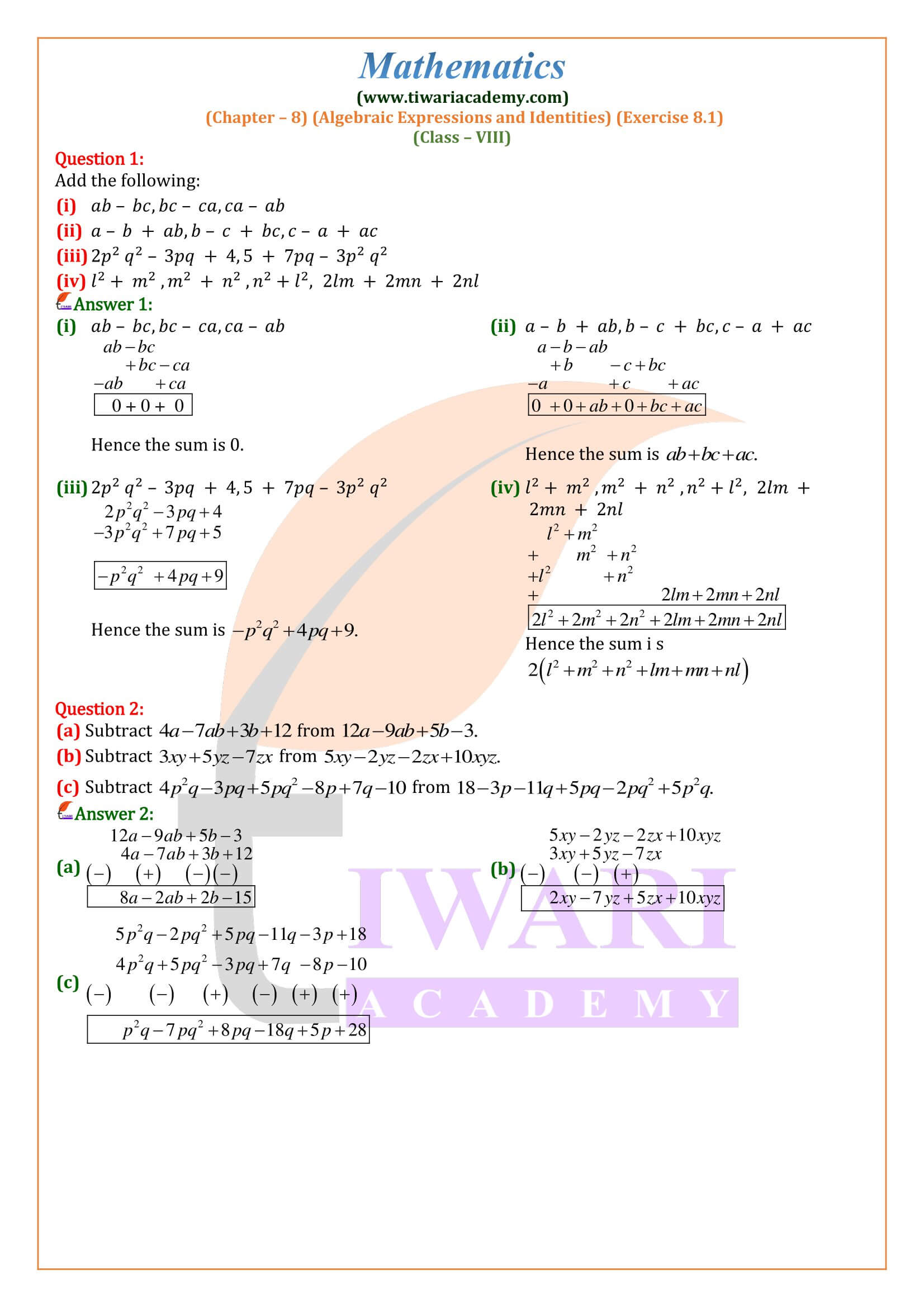 Class 8 Maths Exercise 8.1 solutions in English Medium