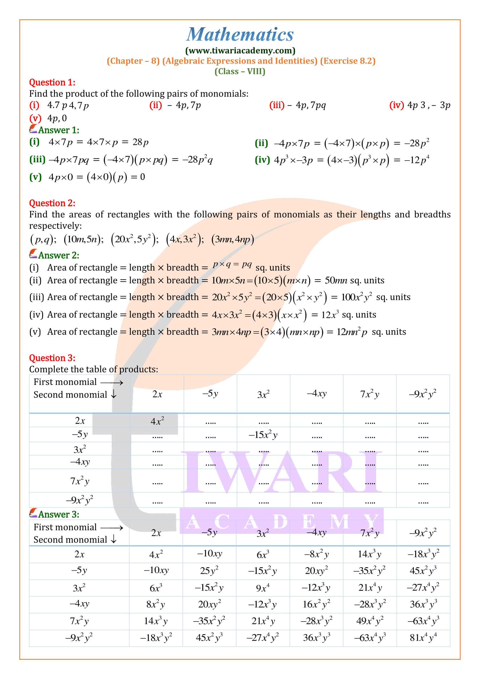 Class 8 Maths Exercise 8.2 solutions in English Medium