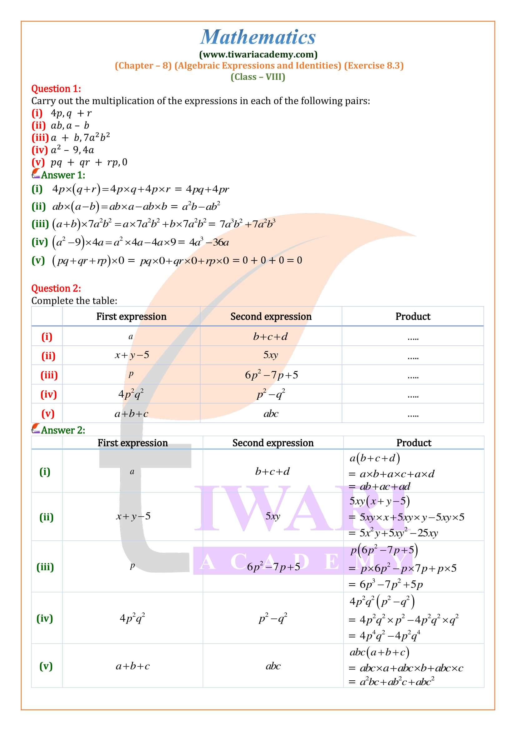 Class 8 Maths Exercise 8.3 solutions in English medium